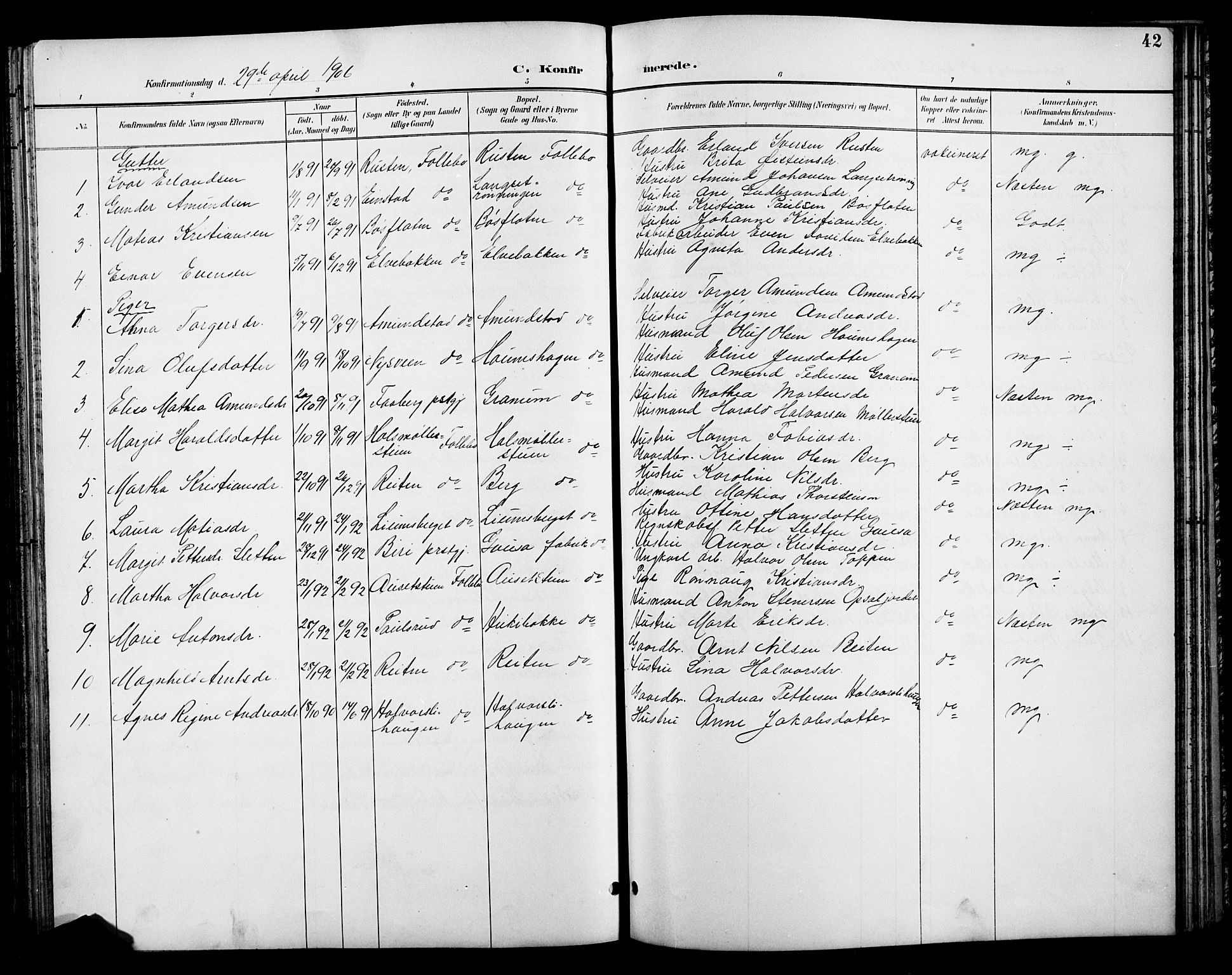 Østre Gausdal prestekontor, SAH/PREST-092/H/Ha/Hab/L0003: Parish register (copy) no. 3, 1894-1915, p. 42