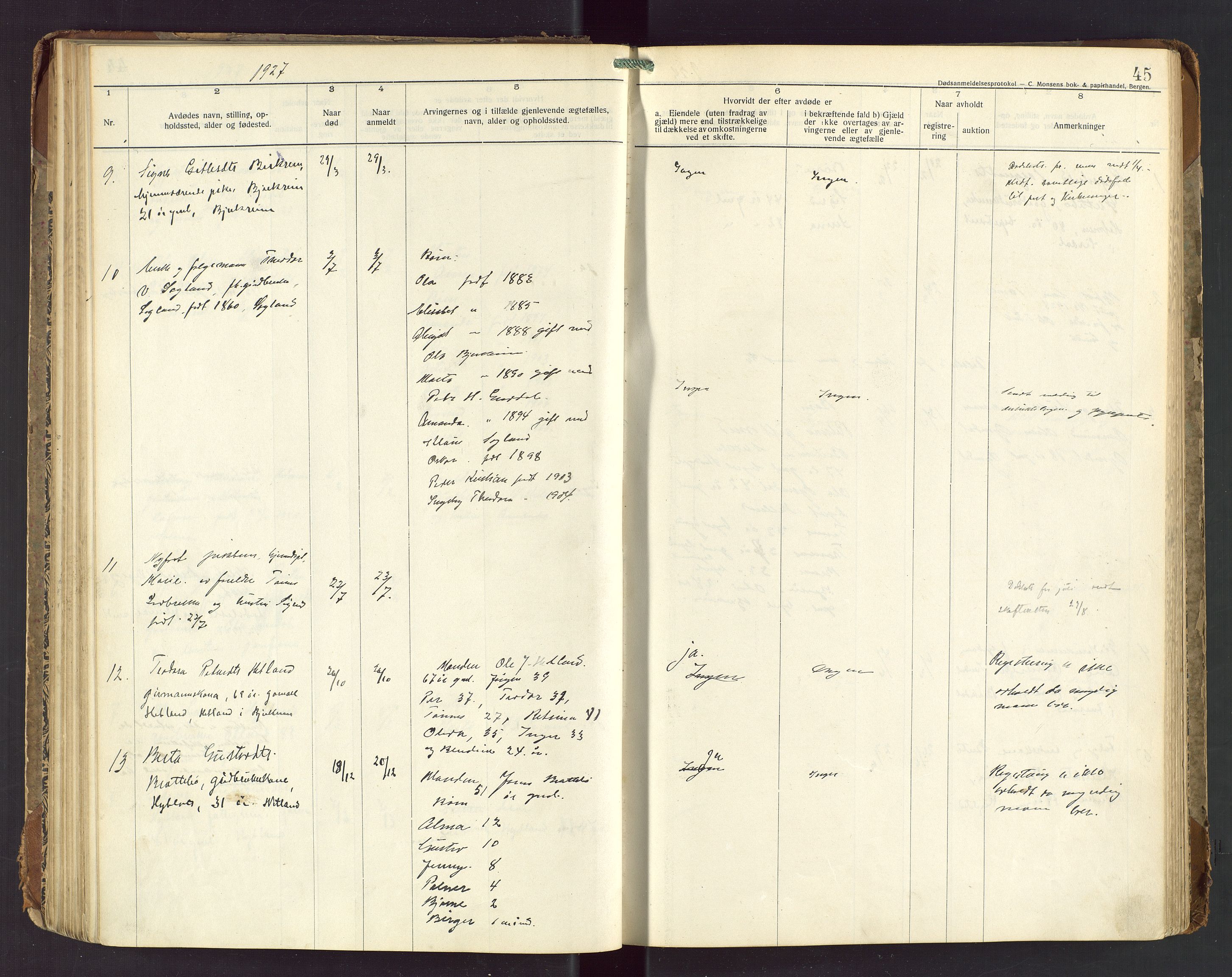 Bjerkreim lensmannskontor, AV/SAST-A-100090/Gga/L0002: "Dødsanmeldelsesprotokoll", 1916-1954, p. 45