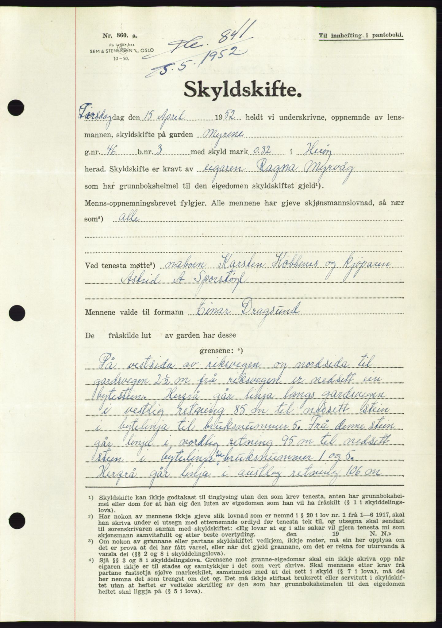 Søre Sunnmøre sorenskriveri, AV/SAT-A-4122/1/2/2C/L0092: Mortgage book no. 18A, 1952-1952, Diary no: : 841/1952