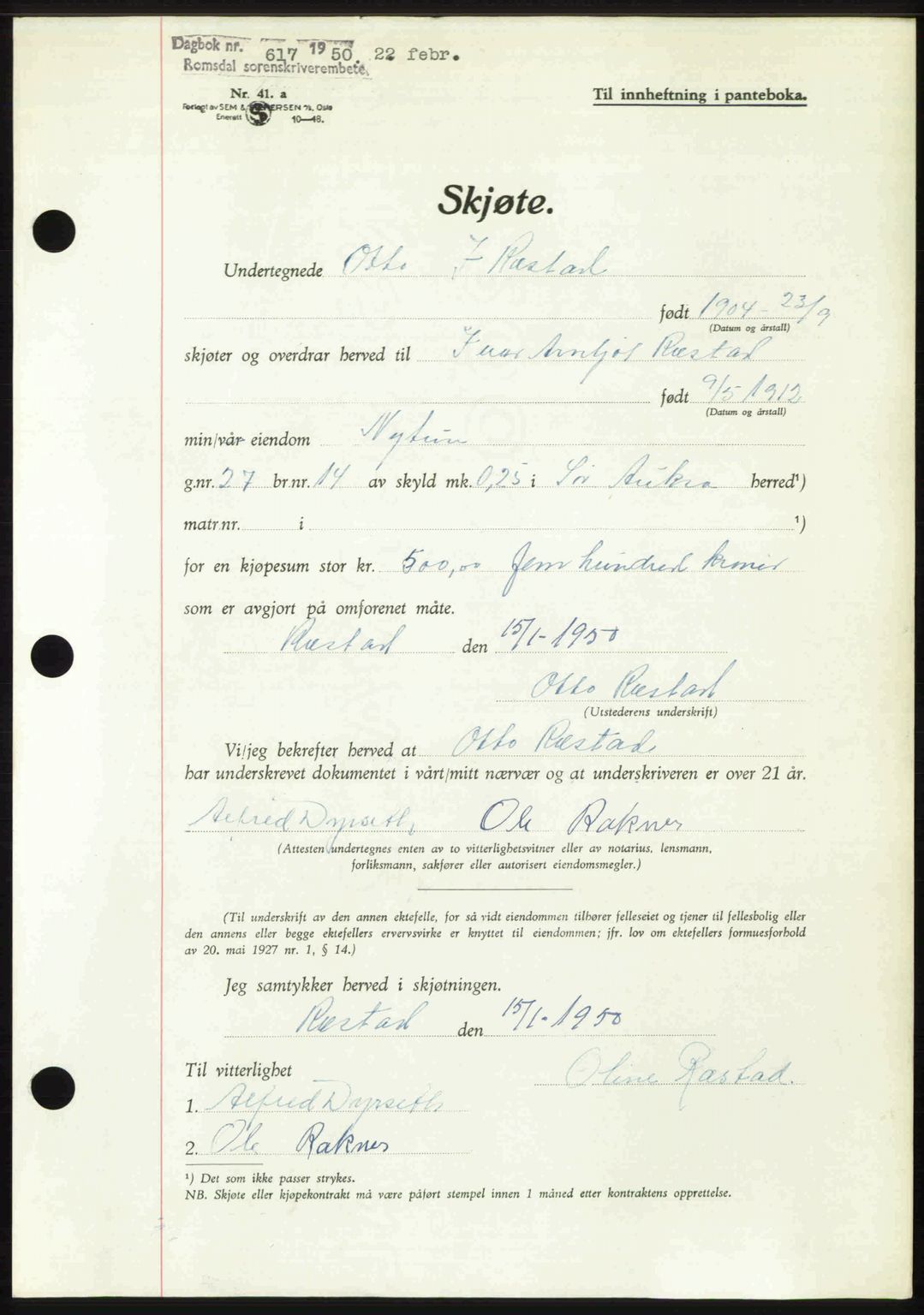 Romsdal sorenskriveri, AV/SAT-A-4149/1/2/2C: Mortgage book no. A32, 1950-1950, Diary no: : 617/1950