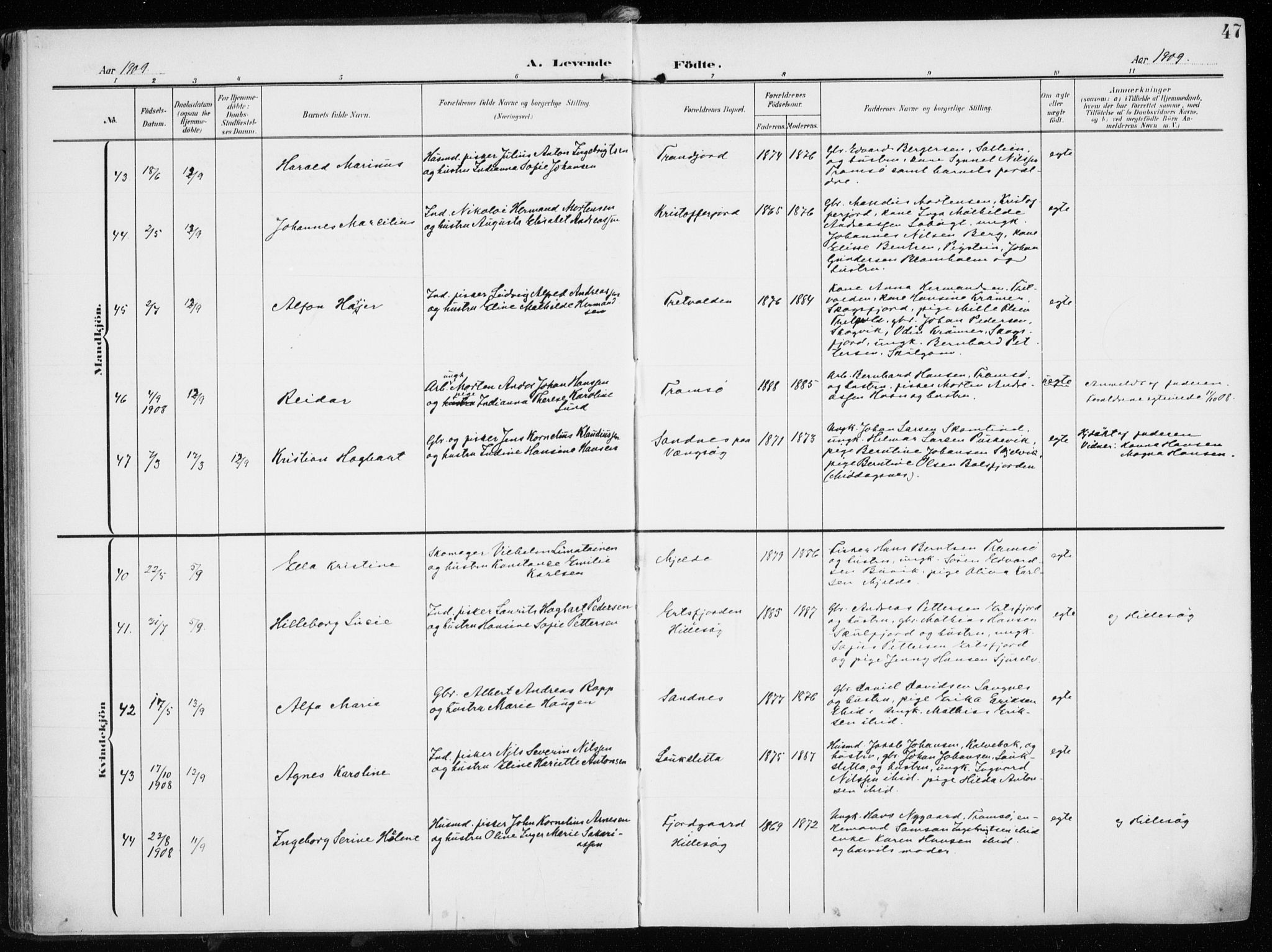 Tromsøysund sokneprestkontor, AV/SATØ-S-1304/G/Ga/L0007kirke: Parish register (official) no. 7, 1907-1914, p. 47