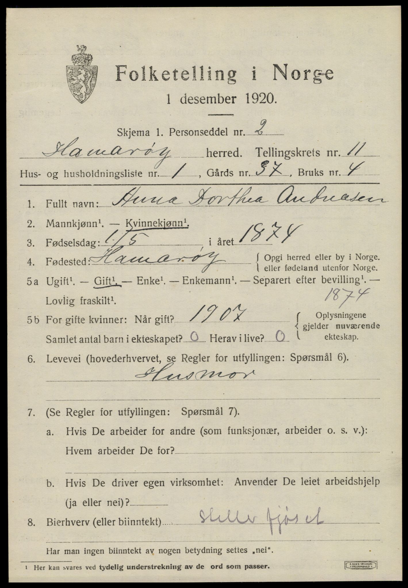 SAT, 1920 census for Hamarøy, 1920, p. 5224