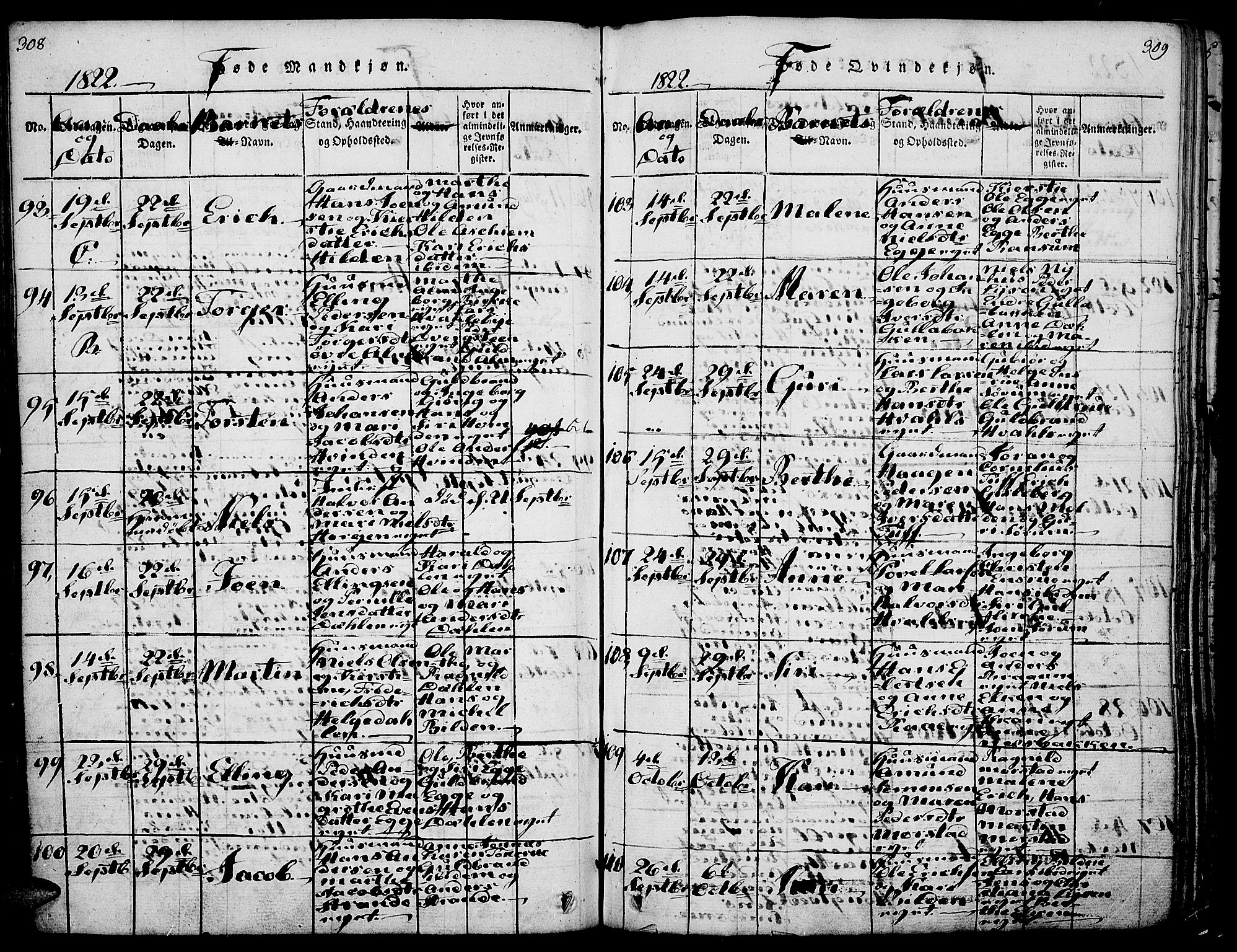 Gran prestekontor, AV/SAH-PREST-112/H/Ha/Haa/L0009: Parish register (official) no. 9, 1815-1824, p. 308-309