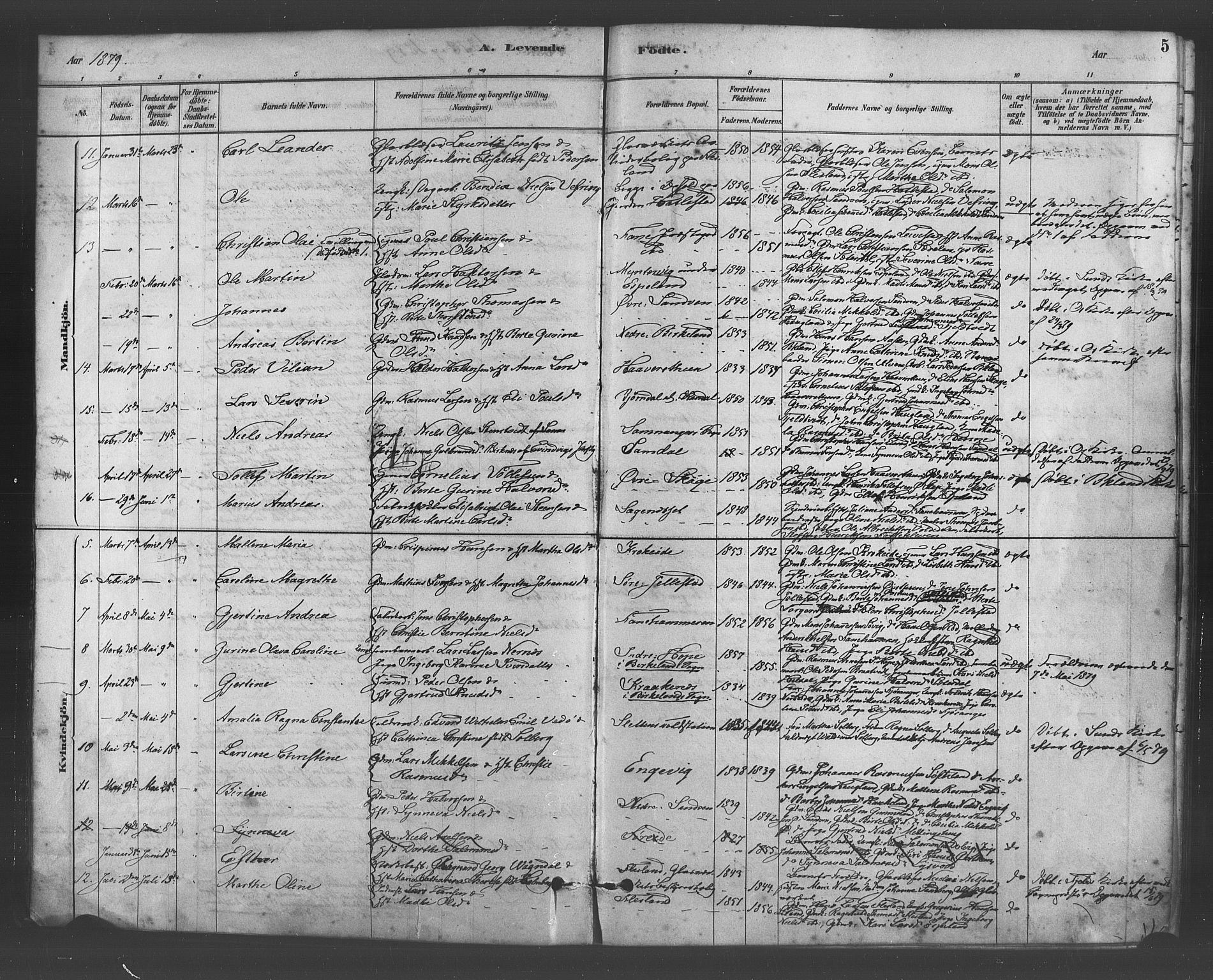 Fana Sokneprestembete, AV/SAB-A-75101/H/Haa/Haab/L0001: Parish register (official) no. B 1, 1878-1889, p. 5