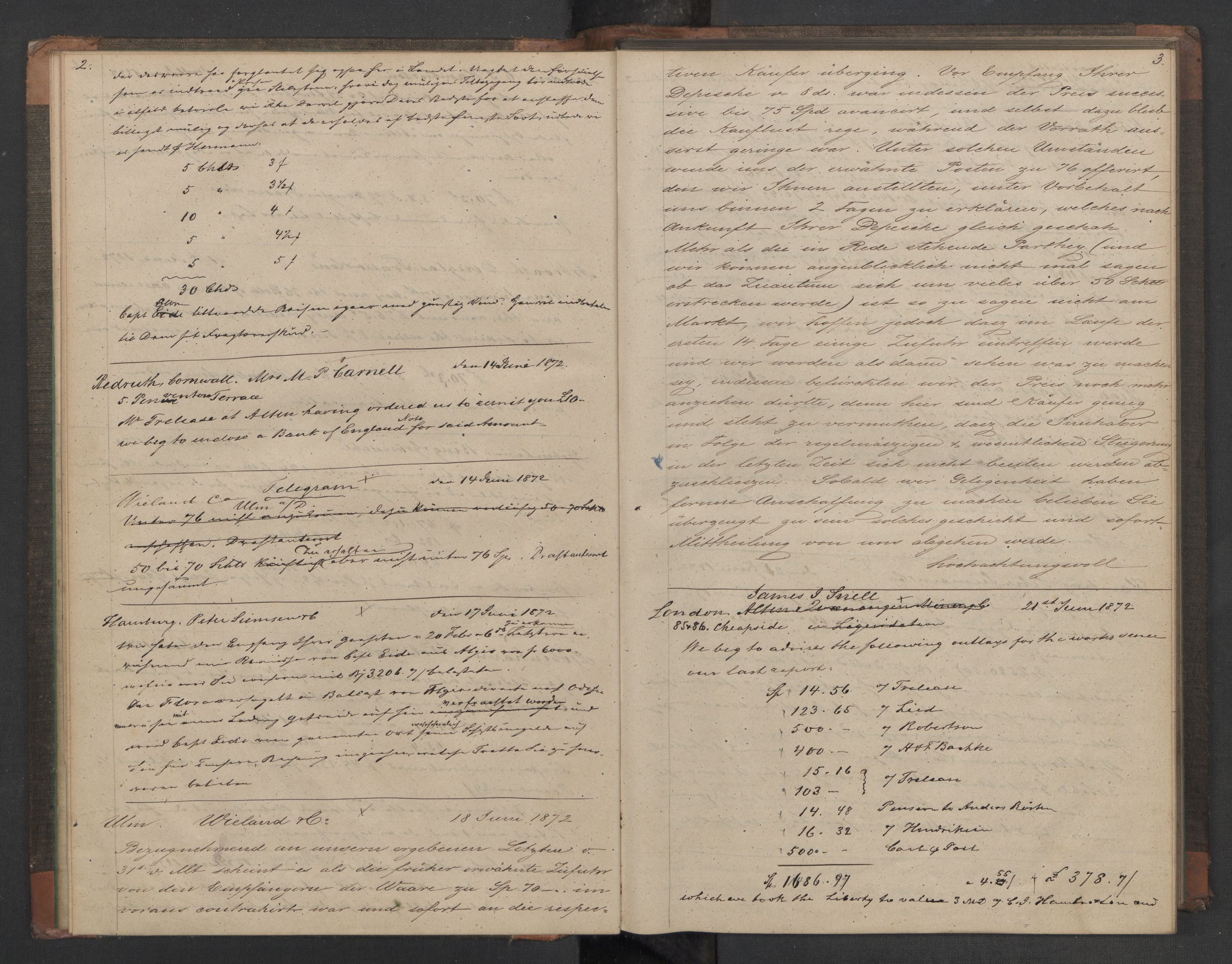 Hoë, Herman & Co, SAT/PA-0280/11/L0023: Kopibok, utenriks, 1872-1882, p. 2-3