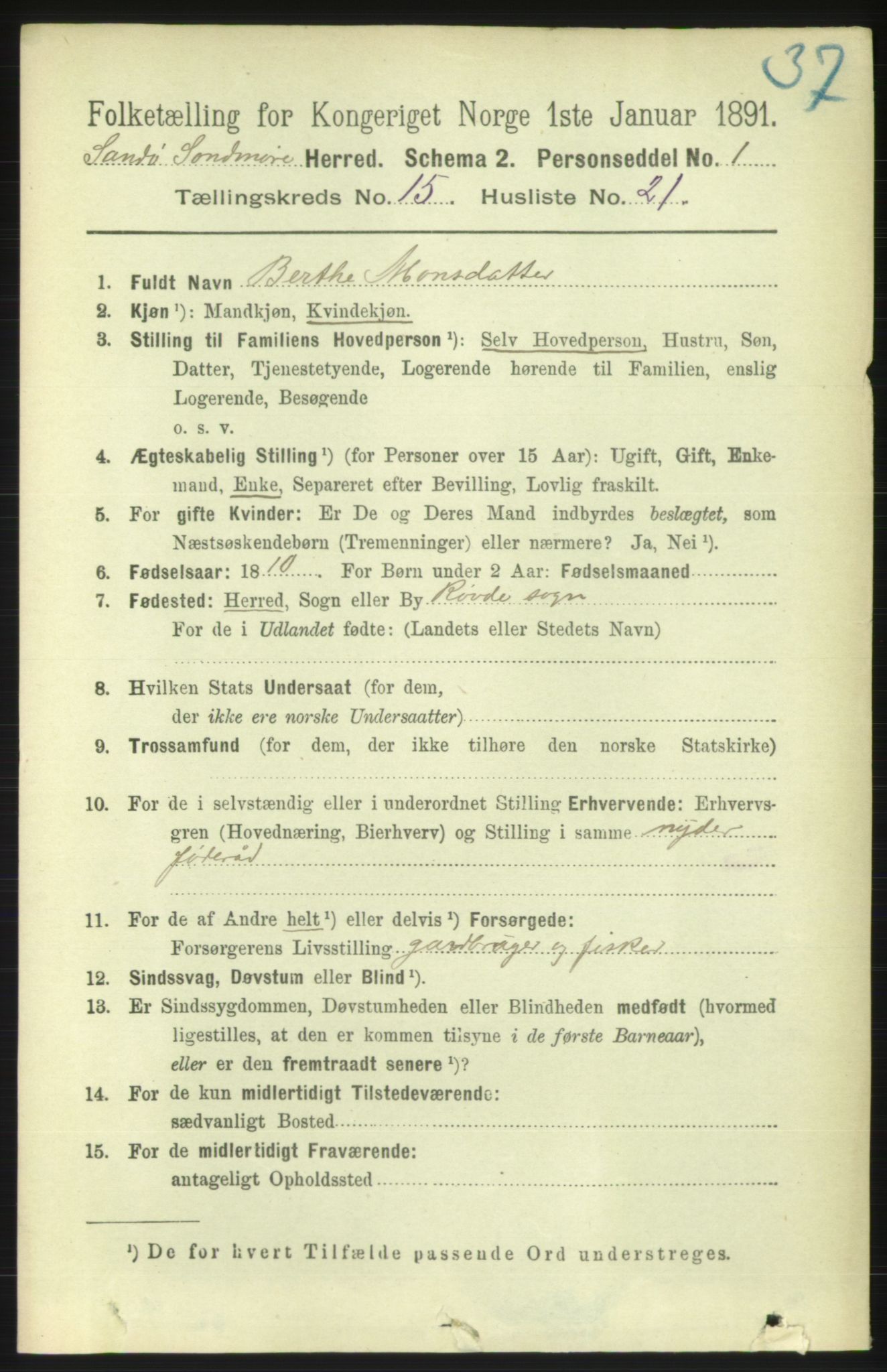 RA, 1891 census for 1514 Sande, 1891, p. 3137