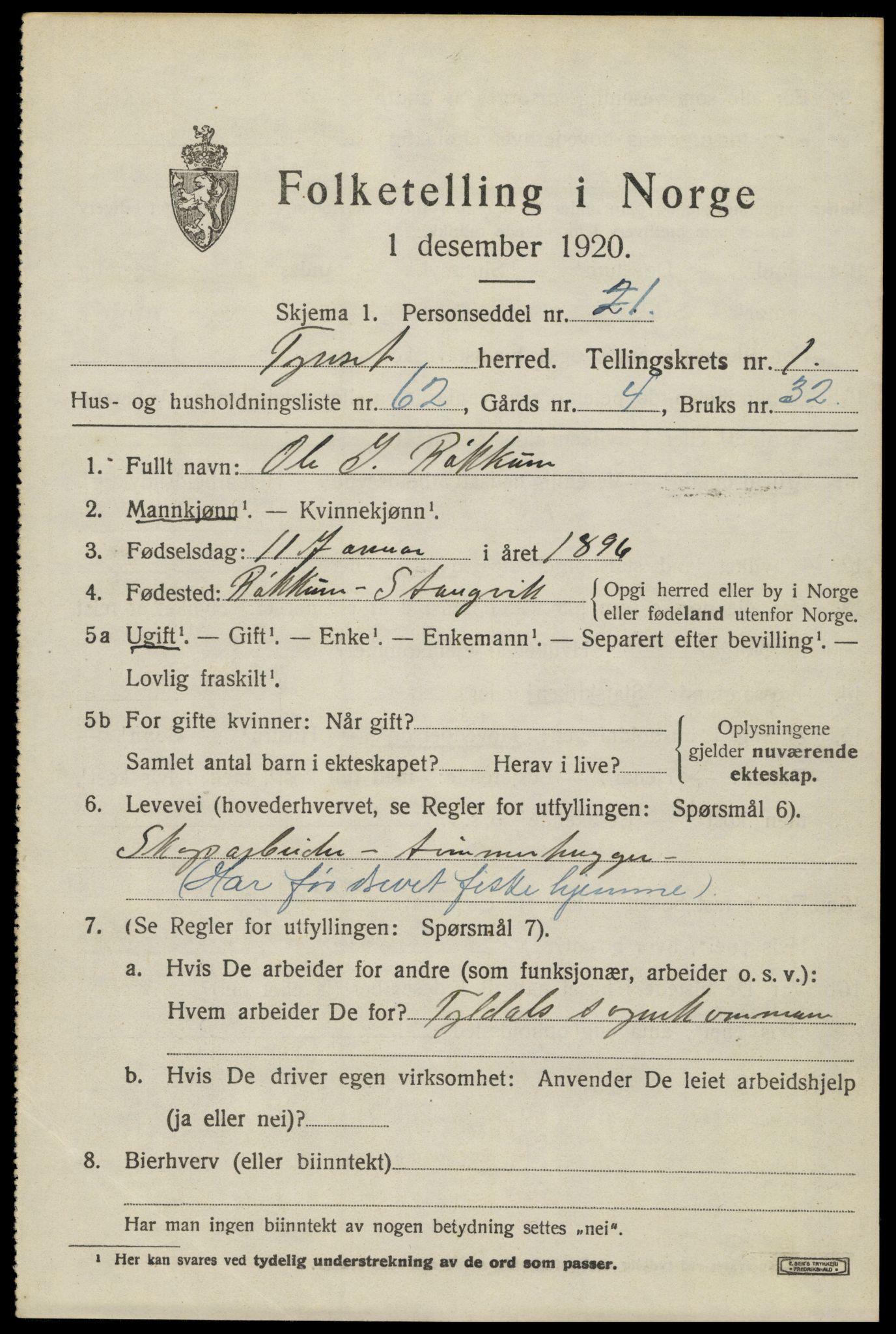 SAH, 1920 census for Tynset, 1920, p. 2268