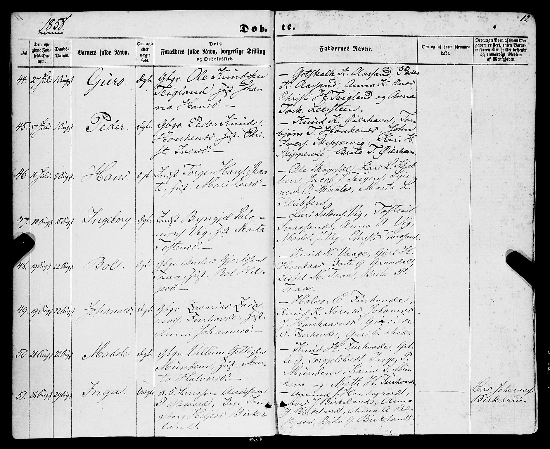 Strandebarm sokneprestembete, AV/SAB-A-78401/H/Haa: Parish register (official) no. A 8, 1858-1872, p. 12