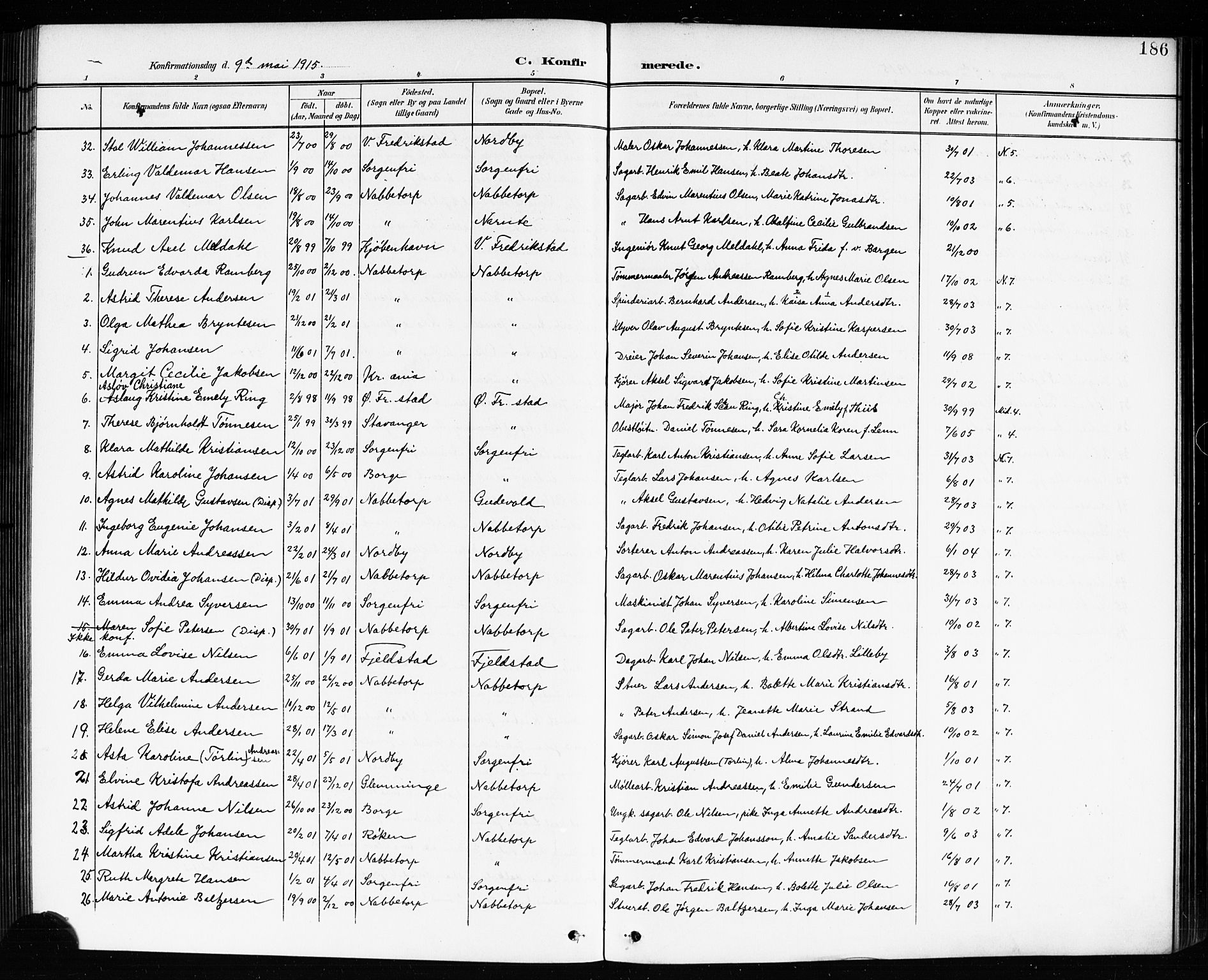 Østre Fredrikstad prestekontor Kirkebøker, AV/SAO-A-10907/G/Ga/L0002: Parish register (copy) no. 2, 1900-1919, p. 186