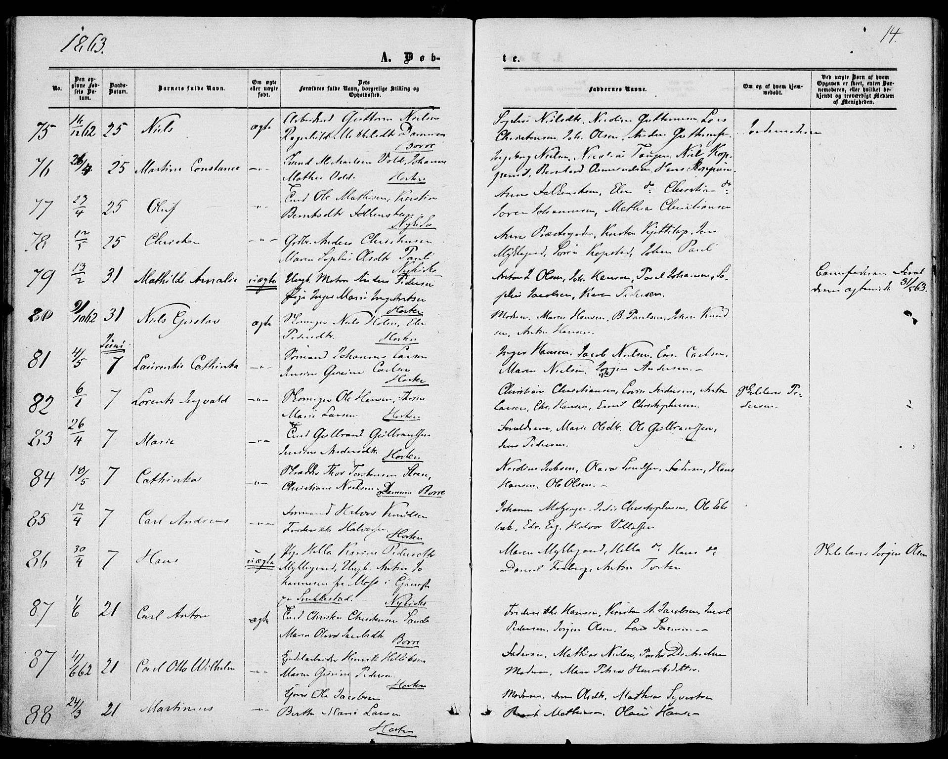Borre kirkebøker, AV/SAKO-A-338/F/Fa/L0007: Parish register (official) no. I 7, 1862-1867, p. 14