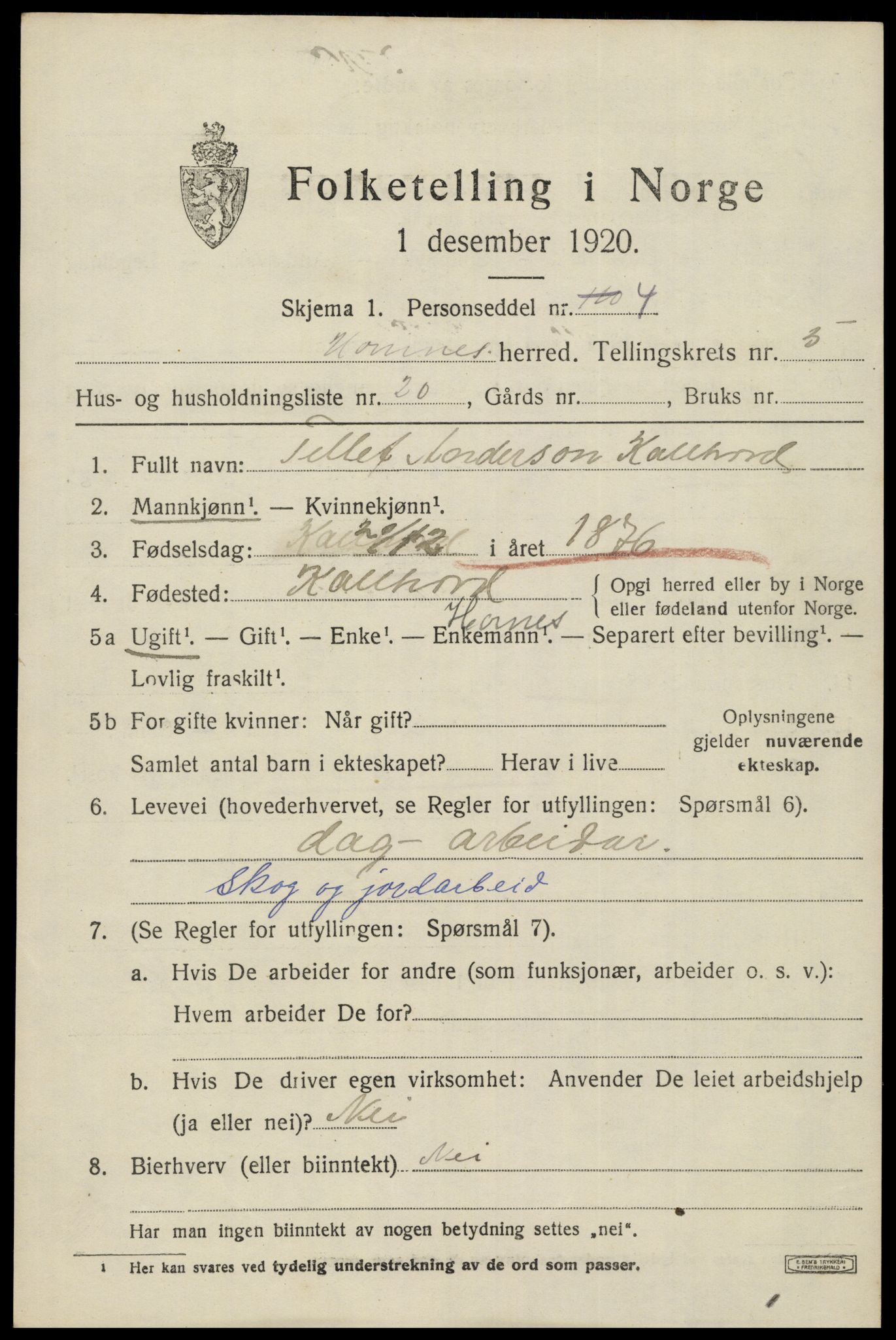 SAK, 1920 census for Hornnes, 1920, p. 1553