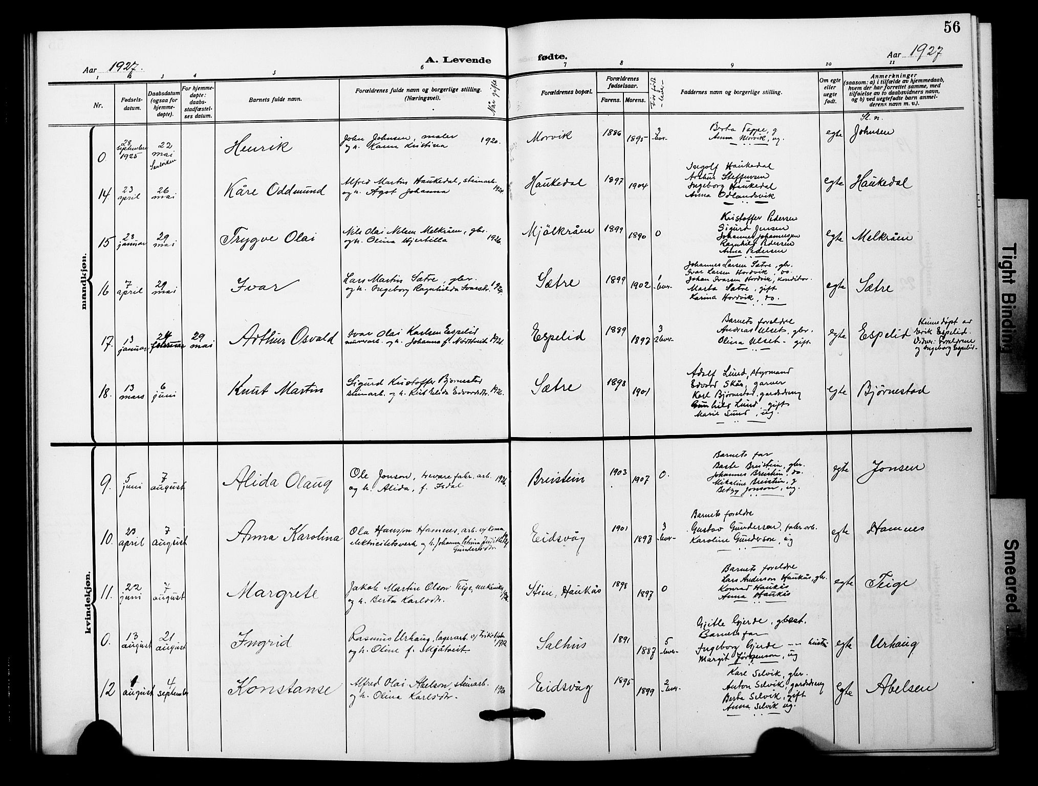Åsane sokneprestembete, SAB/A-79401/H/Hab: Parish register (copy) no. A 4, 1915-1927, p. 56