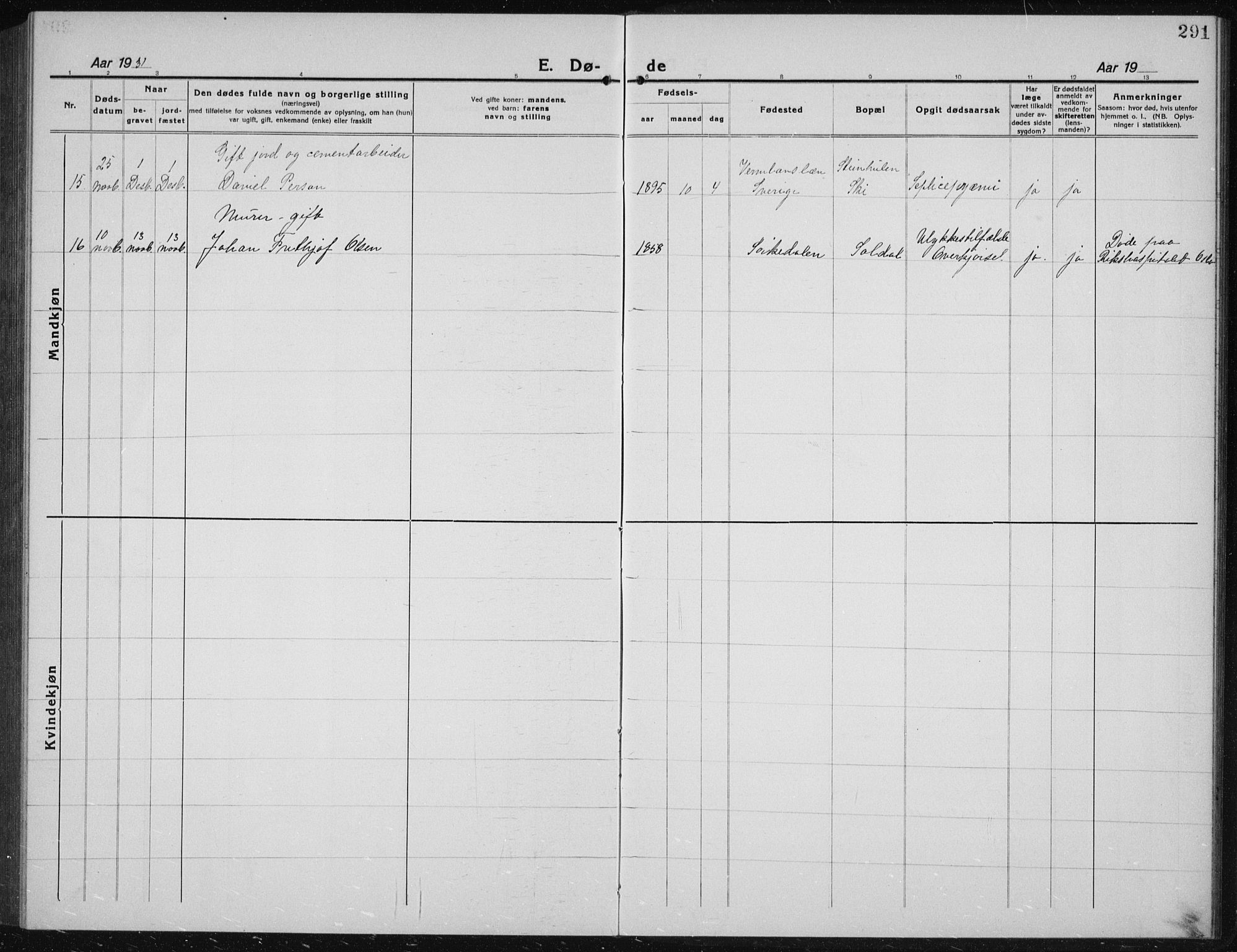 Kråkstad prestekontor Kirkebøker, AV/SAO-A-10125a/G/Gb/L0002: Parish register (copy) no. II 2, 1921-1941, p. 291