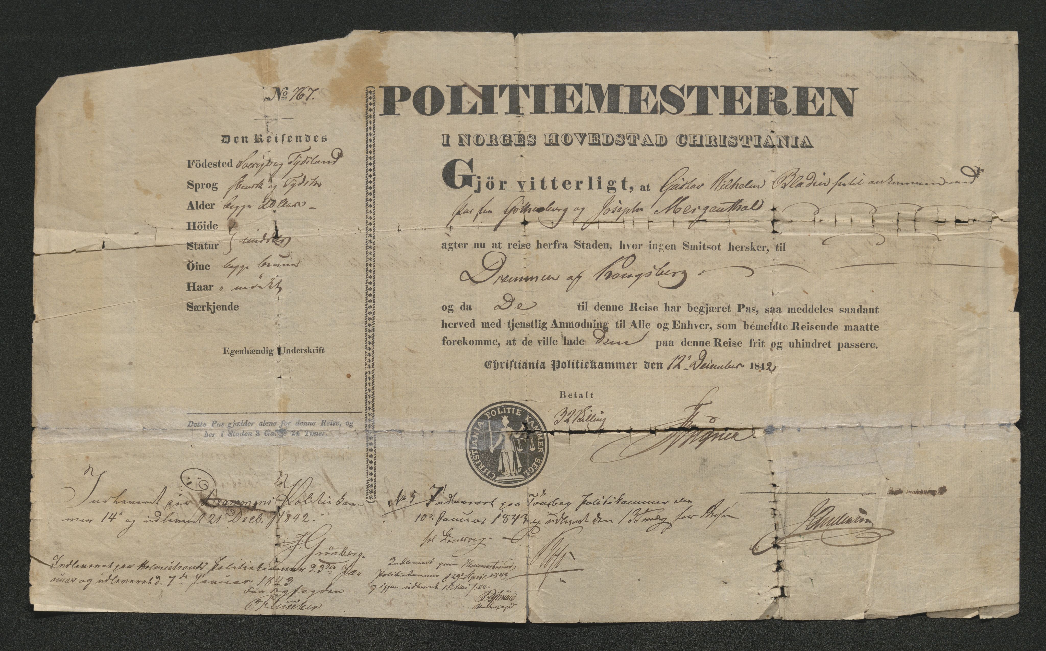 Drammen politikammer, SAKO/A-623/I/Ia/Iab/L0007: Innleverte pass, 1843-1844, p. 125