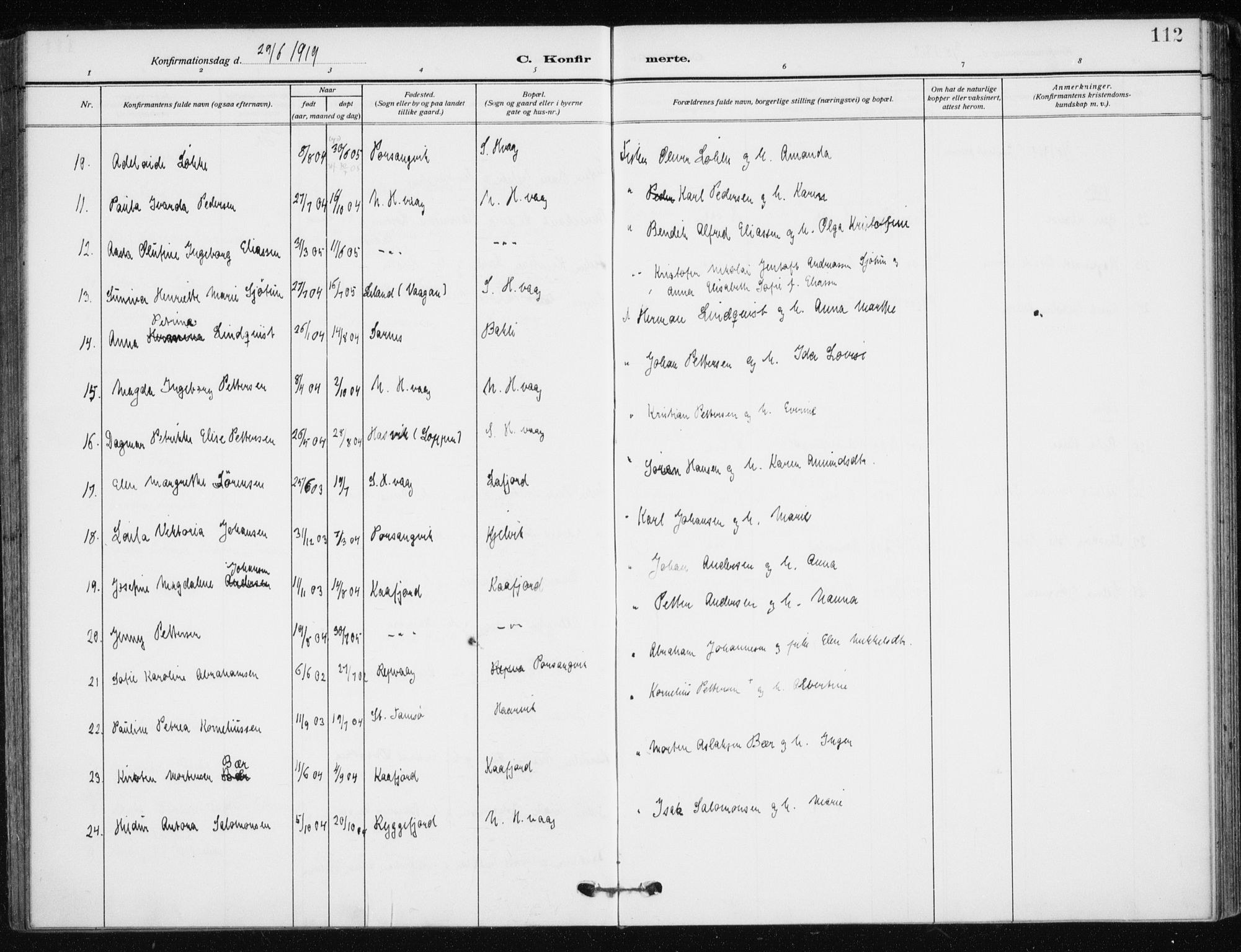 Kjelvik/Nordkapp sokneprestkontor, SATØ/S-1350/H/Ha/L0001kirke: Parish register (official) no. 1, 1911-1919, p. 112