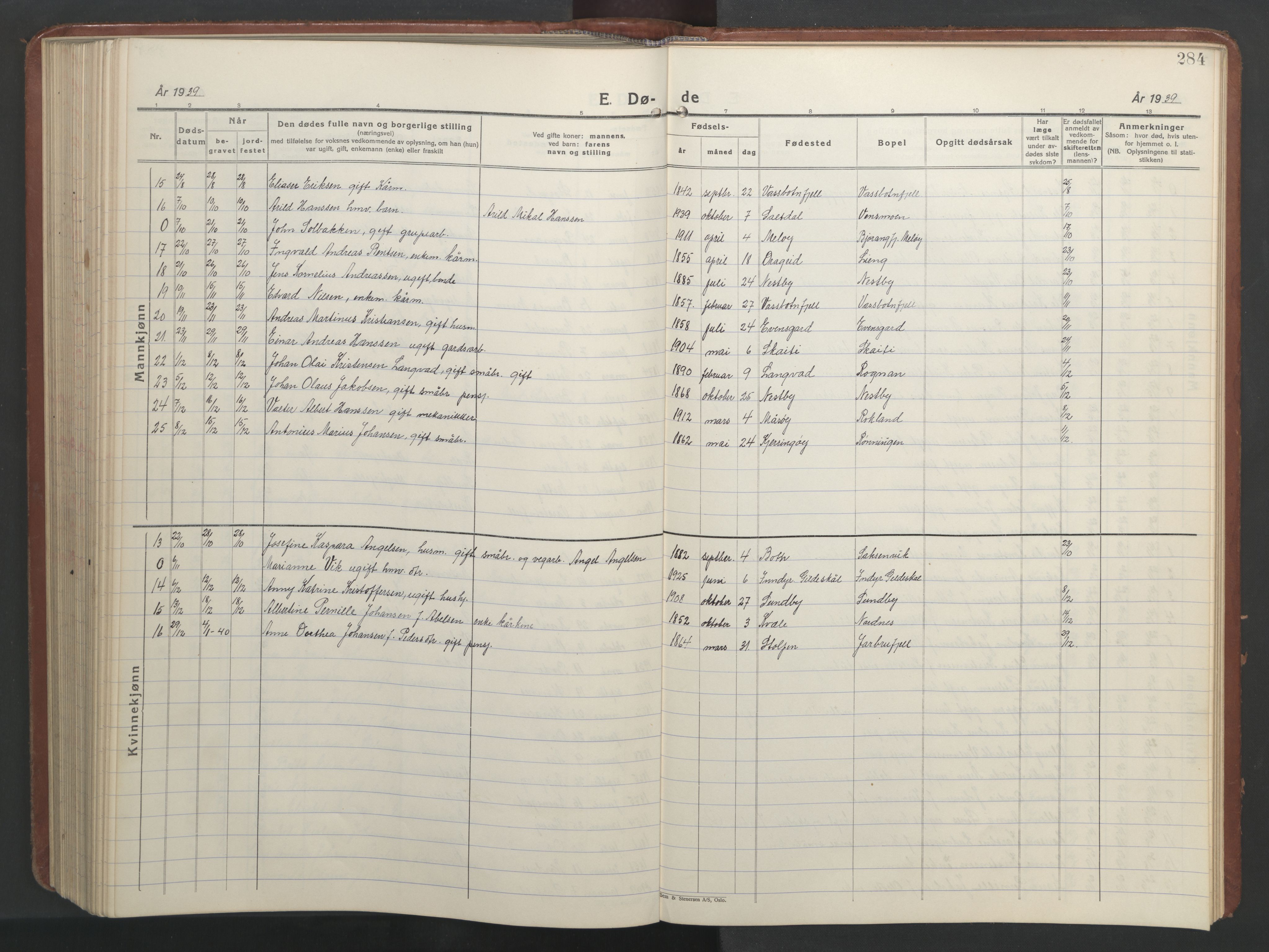 Ministerialprotokoller, klokkerbøker og fødselsregistre - Nordland, AV/SAT-A-1459/847/L0680: Parish register (copy) no. 847C08, 1930-1947, p. 284