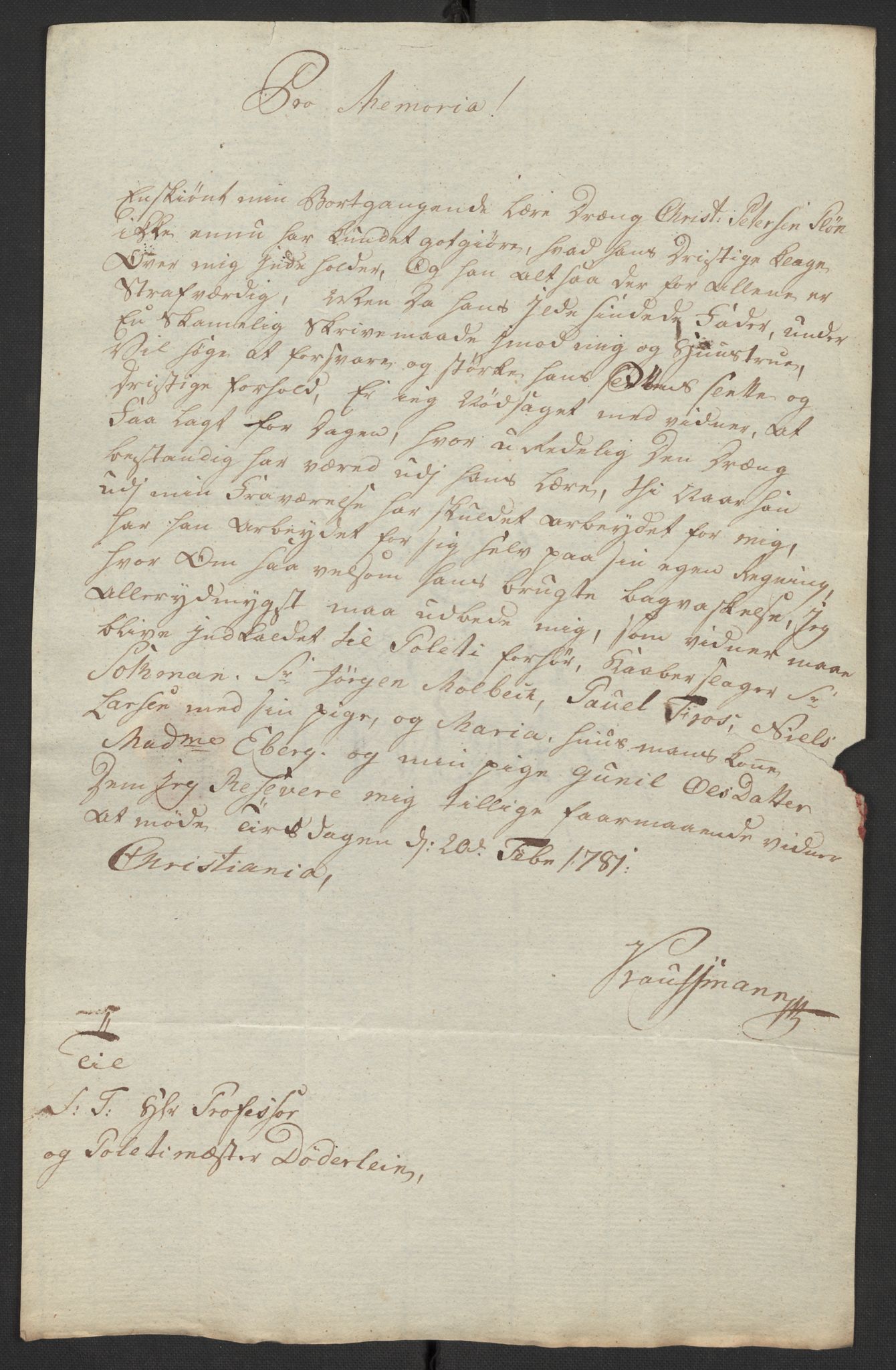 Oslo politidistrikt, AV/SAO-A-10085/D/Da/L0003: Innkomne brev, pro memoria m.v., 1781, p. 298