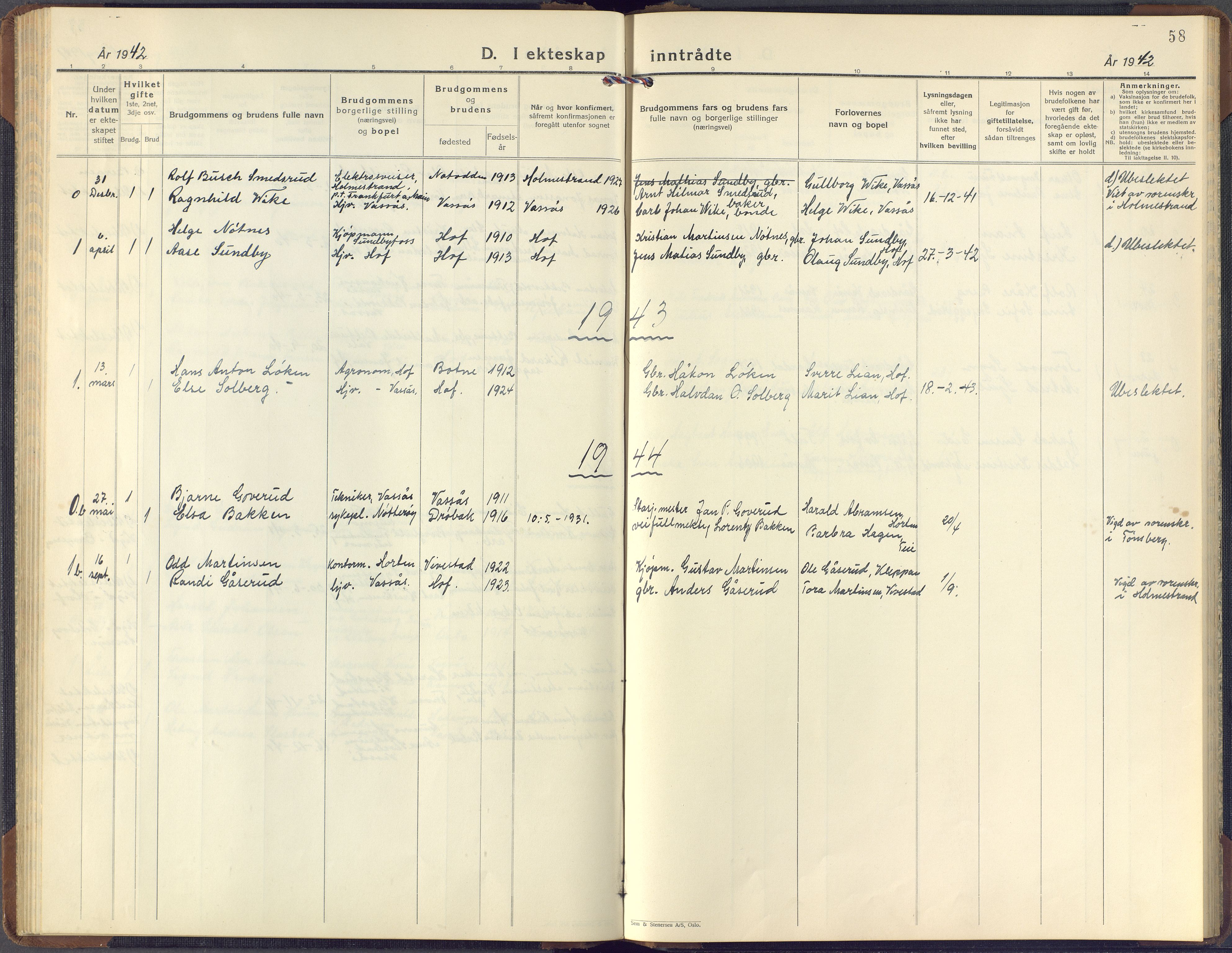 Hof kirkebøker, AV/SAKO-A-64/F/Fb/L0002: Parish register (official) no. II 2, 1932-1959, p. 58