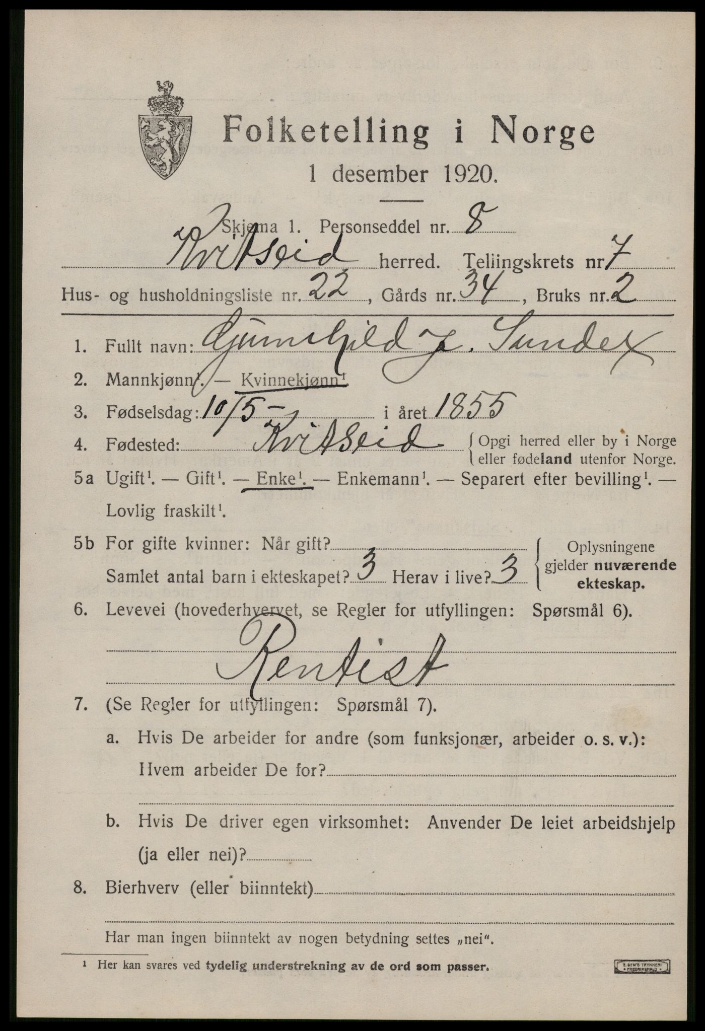 SAKO, 1920 census for Kviteseid, 1920, p. 3719