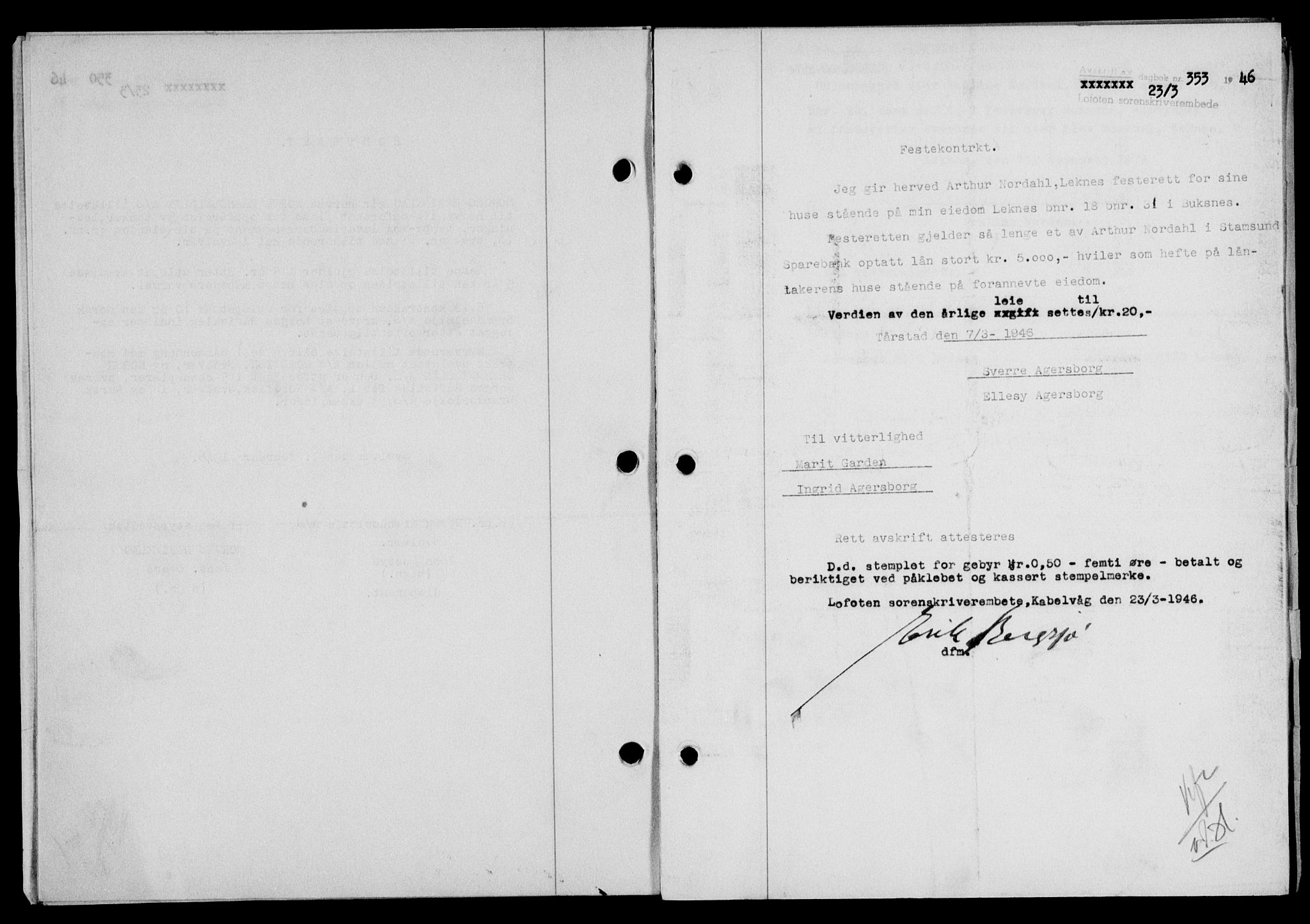Lofoten sorenskriveri, SAT/A-0017/1/2/2C/L0013a: Mortgage book no. 13a, 1944-1946, Diary no: : 353/1946