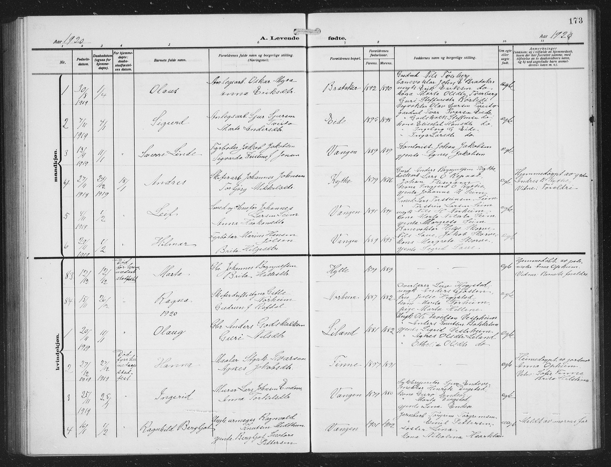 Voss sokneprestembete, SAB/A-79001/H/Hab: Parish register (copy) no. C 3, 1909-1920, p. 173