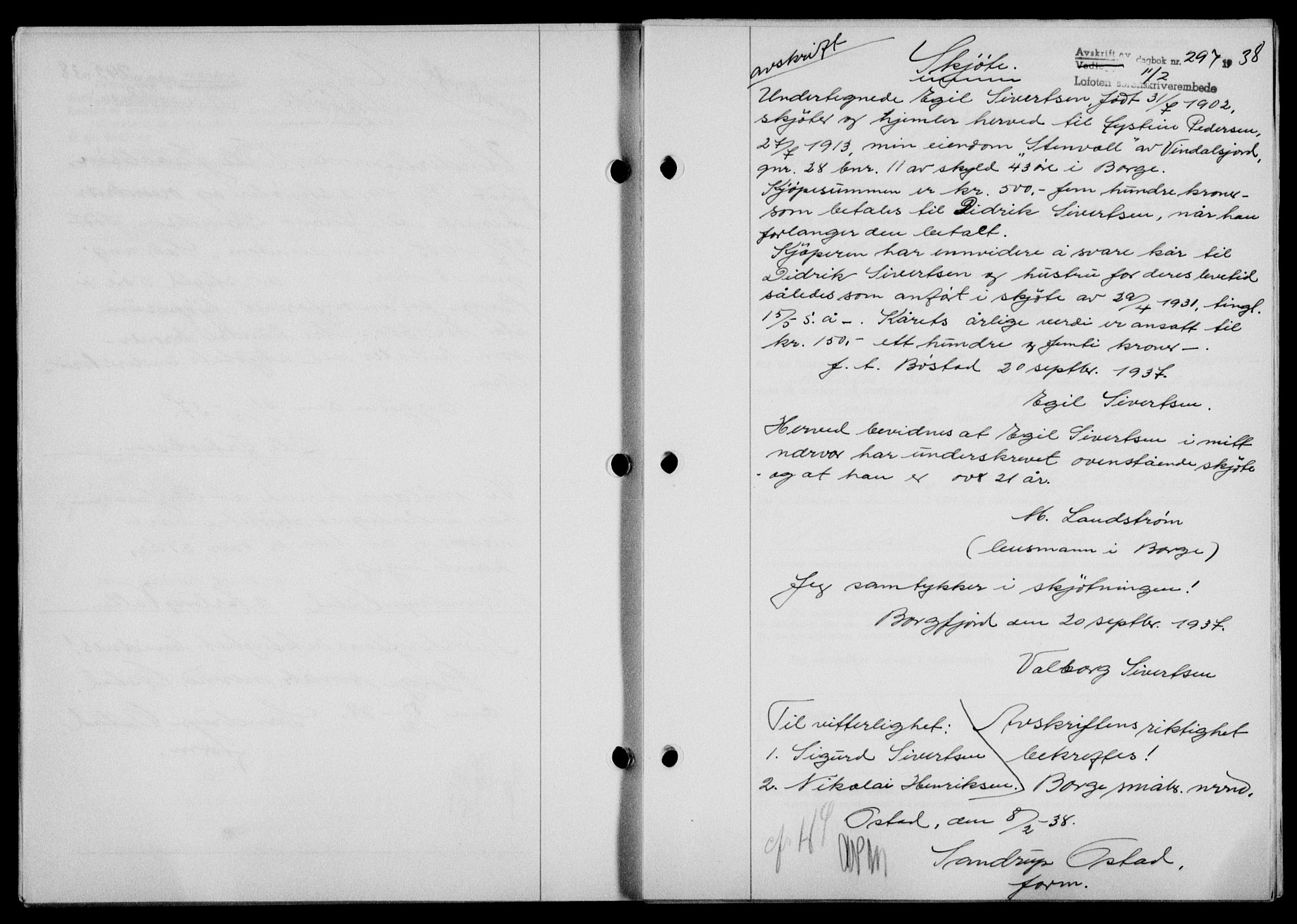 Lofoten sorenskriveri, SAT/A-0017/1/2/2C/L0003a: Mortgage book no. 3a, 1937-1938, Diary no: : 297/1938