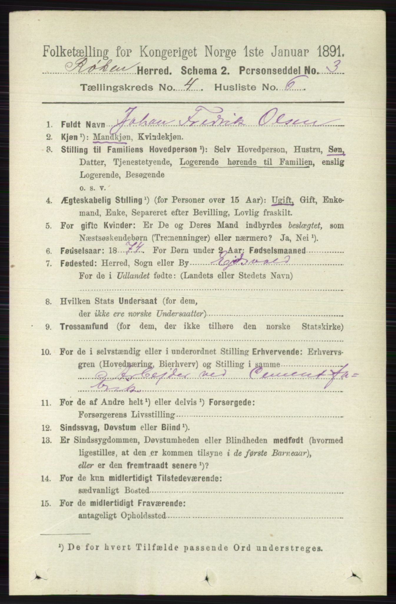 RA, 1891 census for 0627 Røyken, 1891, p. 1893