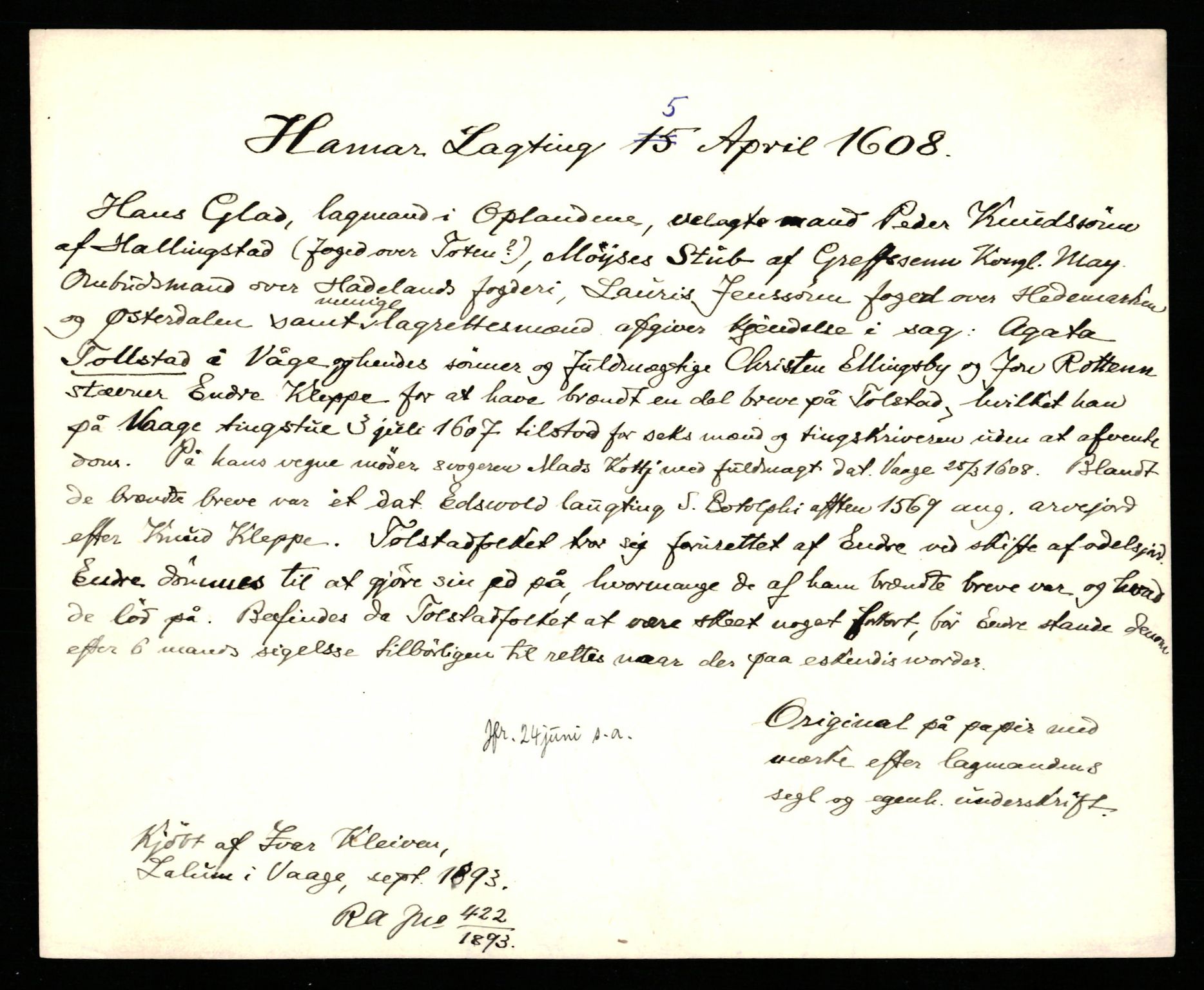 Riksarkivets diplomsamling, AV/RA-EA-5965/F35/F35b/L0005: Riksarkivets diplomer, seddelregister, 1601-1612, p. 485