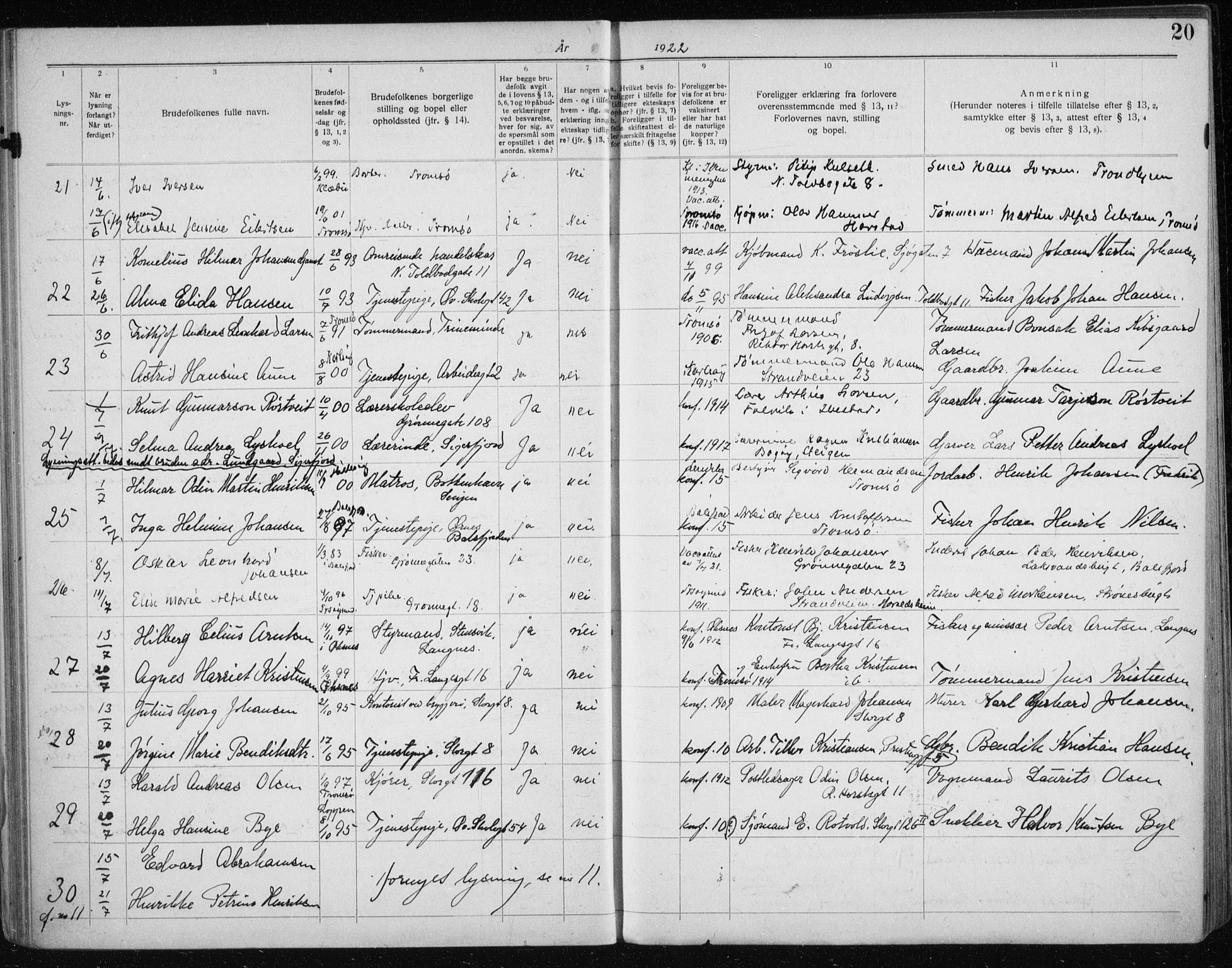 Tromsø sokneprestkontor/stiftsprosti/domprosti, AV/SATØ-S-1343/H/Hc/L0100: Banns register no. 100, 1919-1933, p. 20