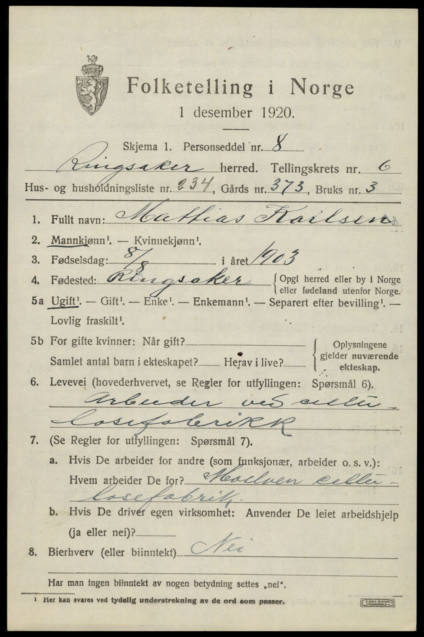 SAH, 1920 census for Ringsaker, 1920, p. 15086