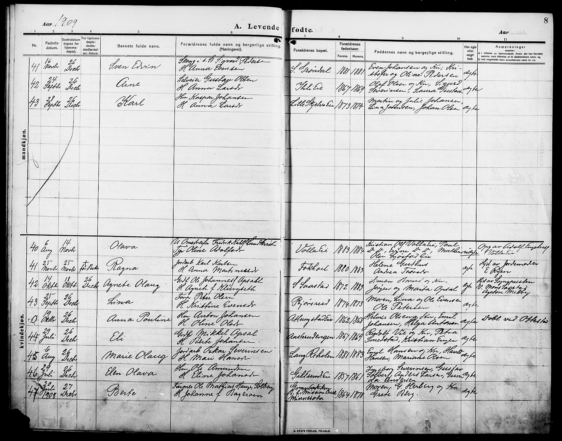 Stange prestekontor, AV/SAH-PREST-002/L/L0014: Parish register (copy) no. 14, 1909-1917, p. 8