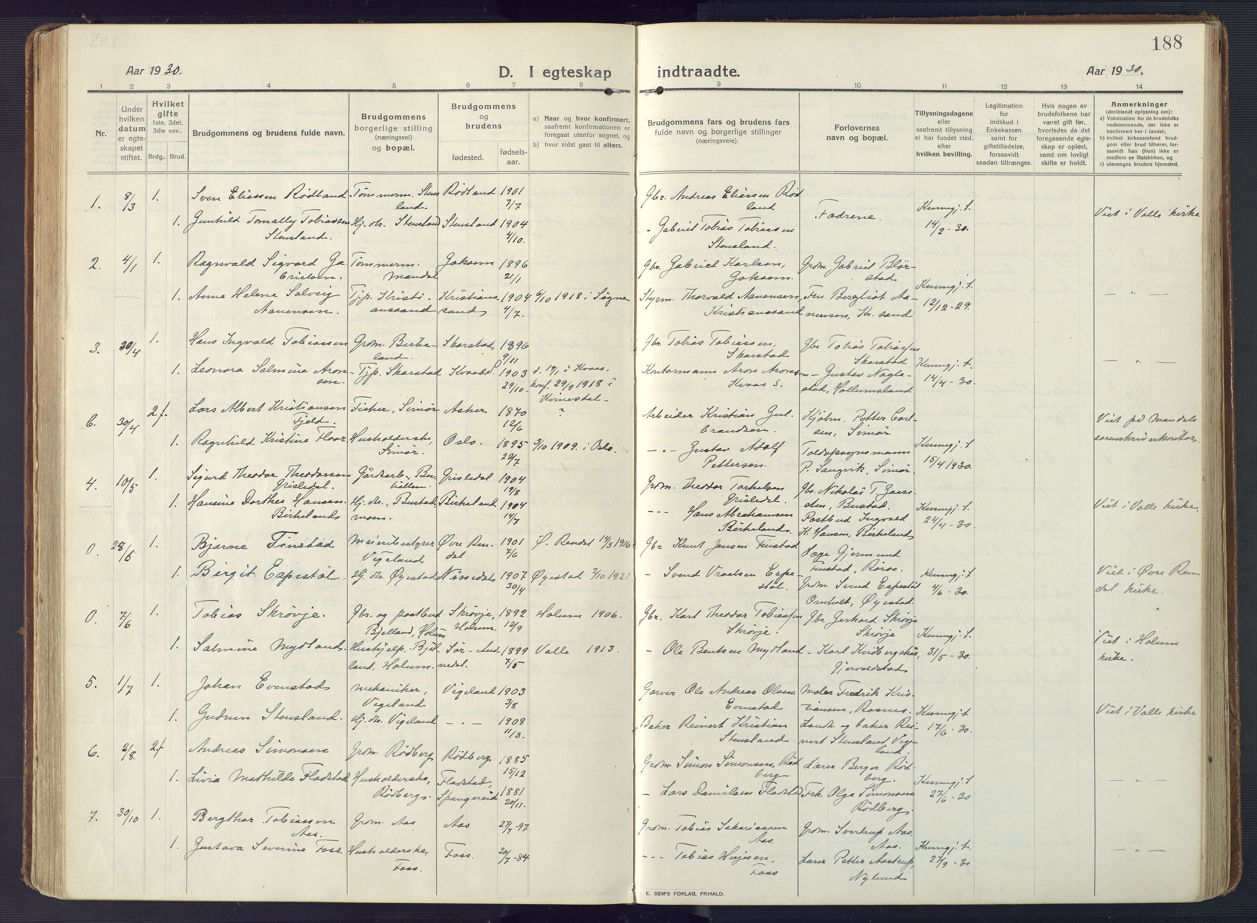 Sør-Audnedal sokneprestkontor, AV/SAK-1111-0039/F/Fa/Fab/L0011: Parish register (official) no. A 11, 1912-1938, p. 188