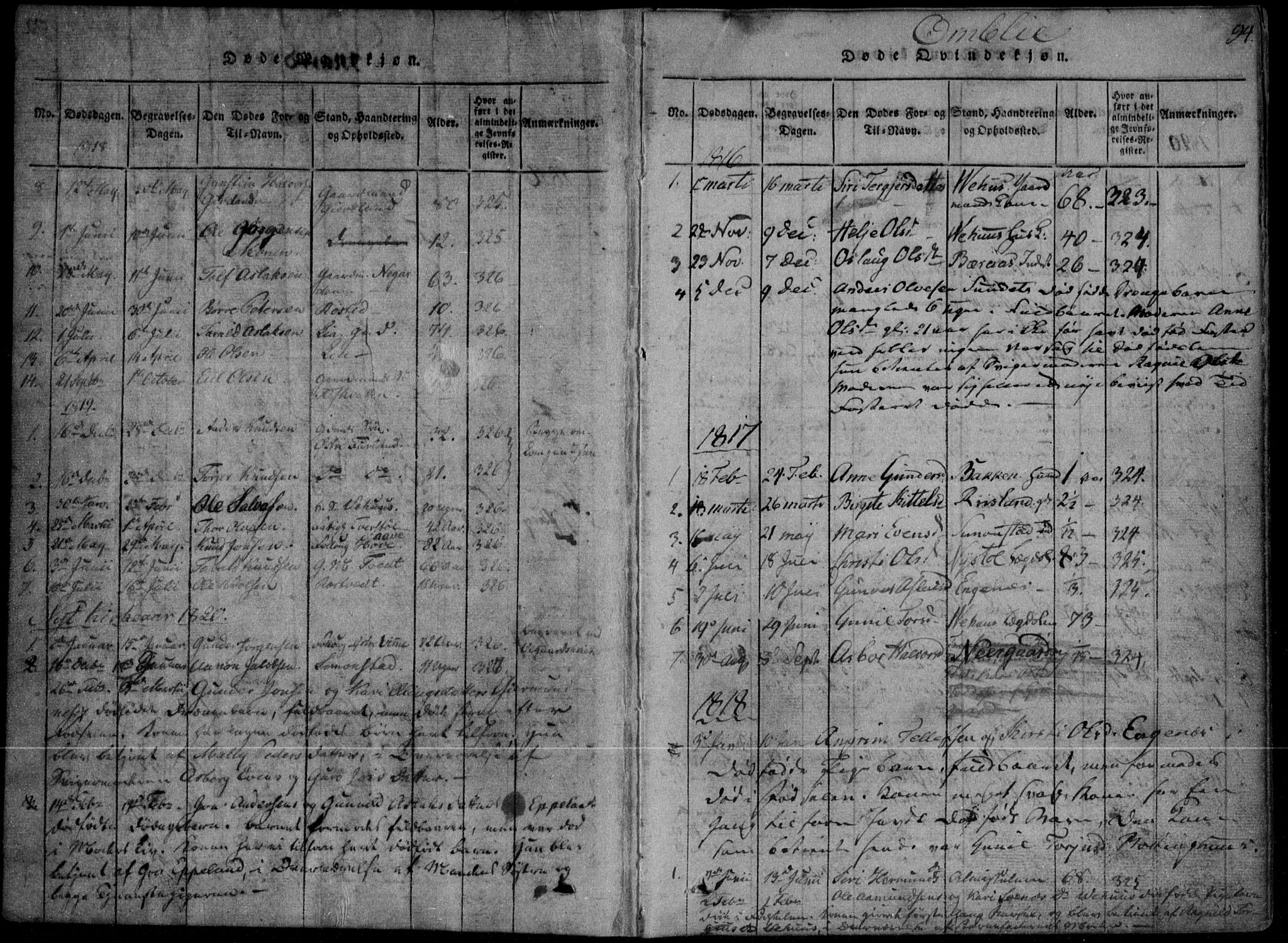 Åmli sokneprestkontor, AV/SAK-1111-0050/F/Fa/Fac/L0006: Parish register (official) no. A 6, 1816-1829, p. 94