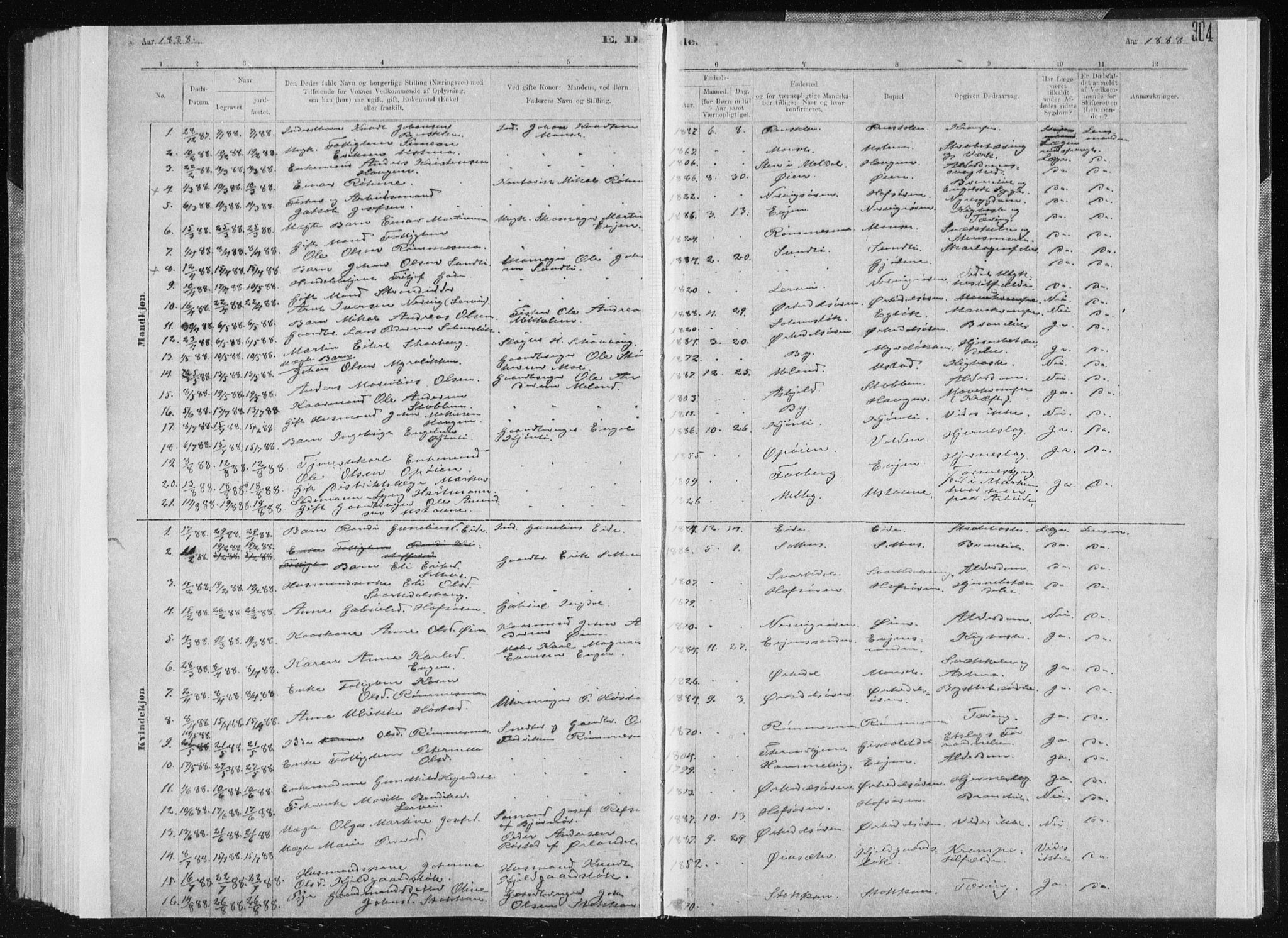 Ministerialprotokoller, klokkerbøker og fødselsregistre - Sør-Trøndelag, SAT/A-1456/668/L0818: Parish register (copy) no. 668C07, 1885-1898, p. 304