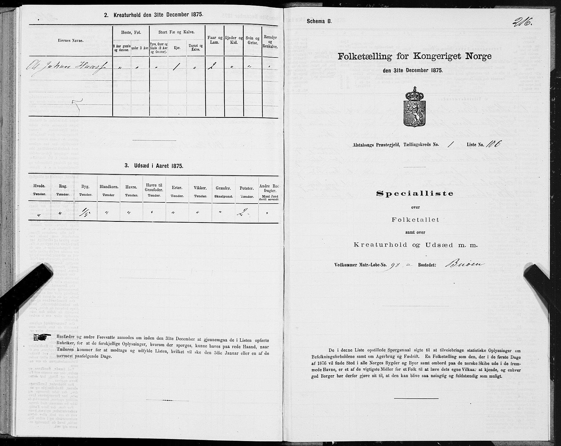 SAT, 1875 census for 1820P Alstahaug, 1875, p. 1216