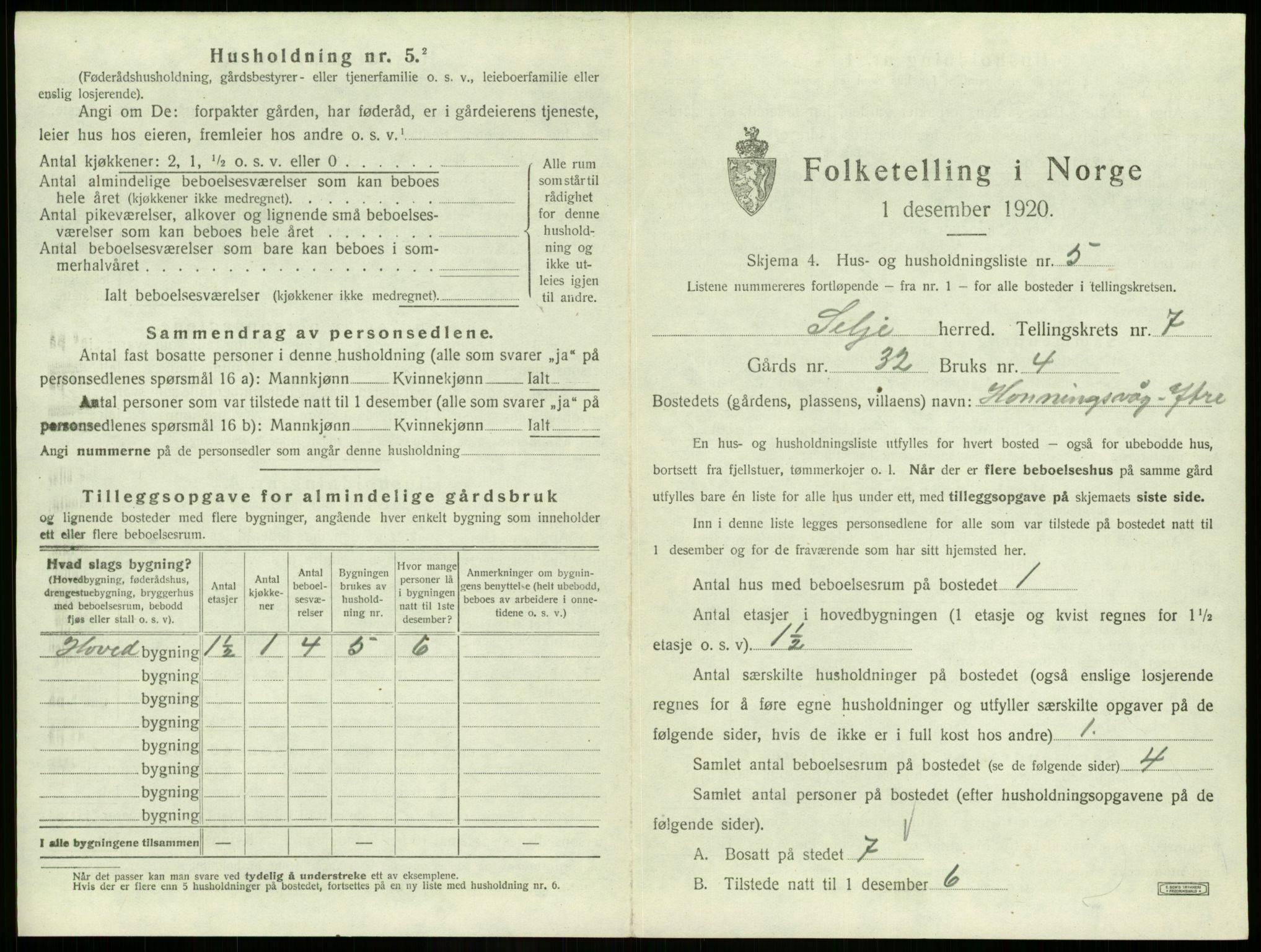 SAB, 1920 census for Selje, 1920, p. 457