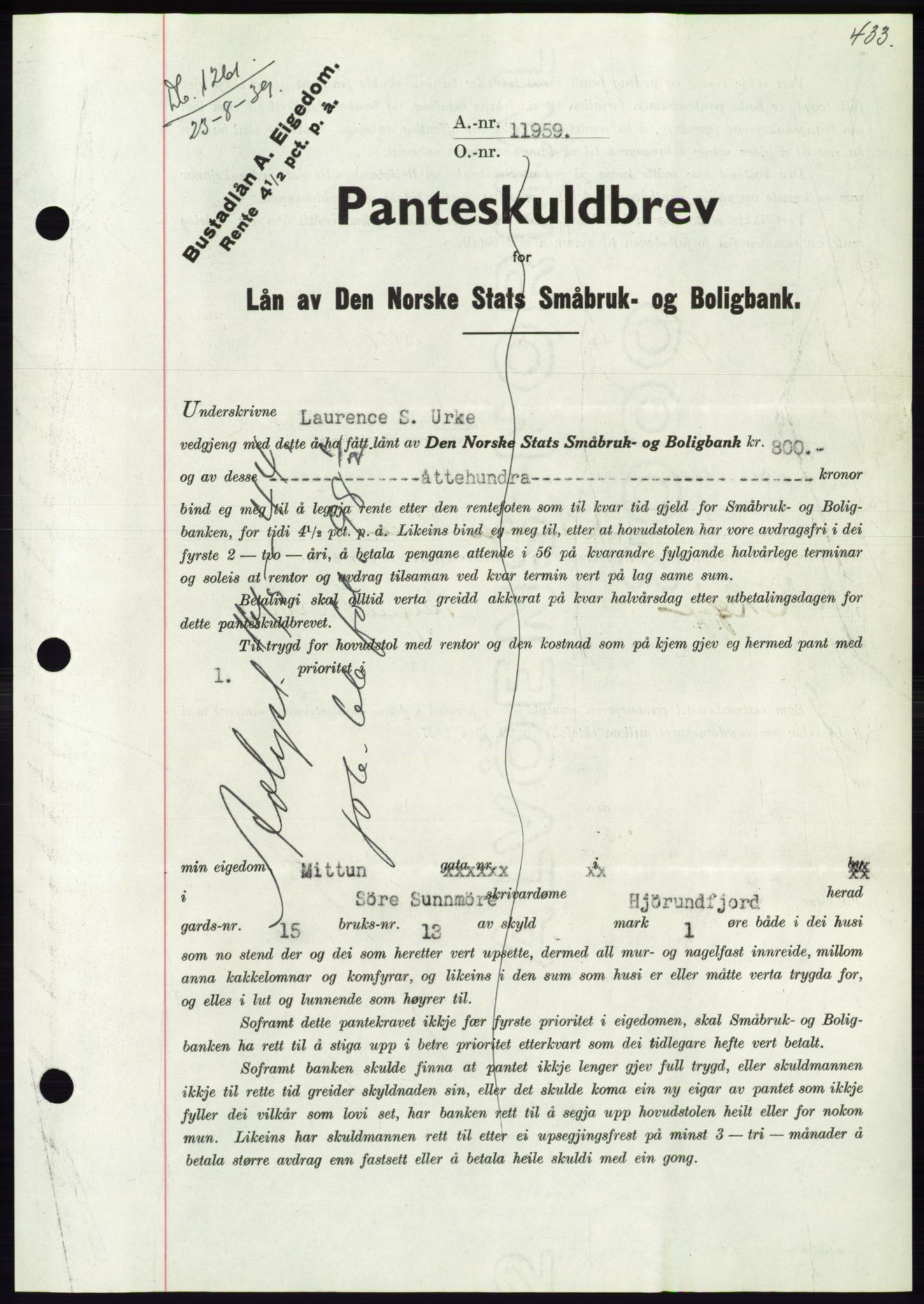 Søre Sunnmøre sorenskriveri, AV/SAT-A-4122/1/2/2C/L0068: Mortgage book no. 62, 1939-1939, Diary no: : 1261/1939