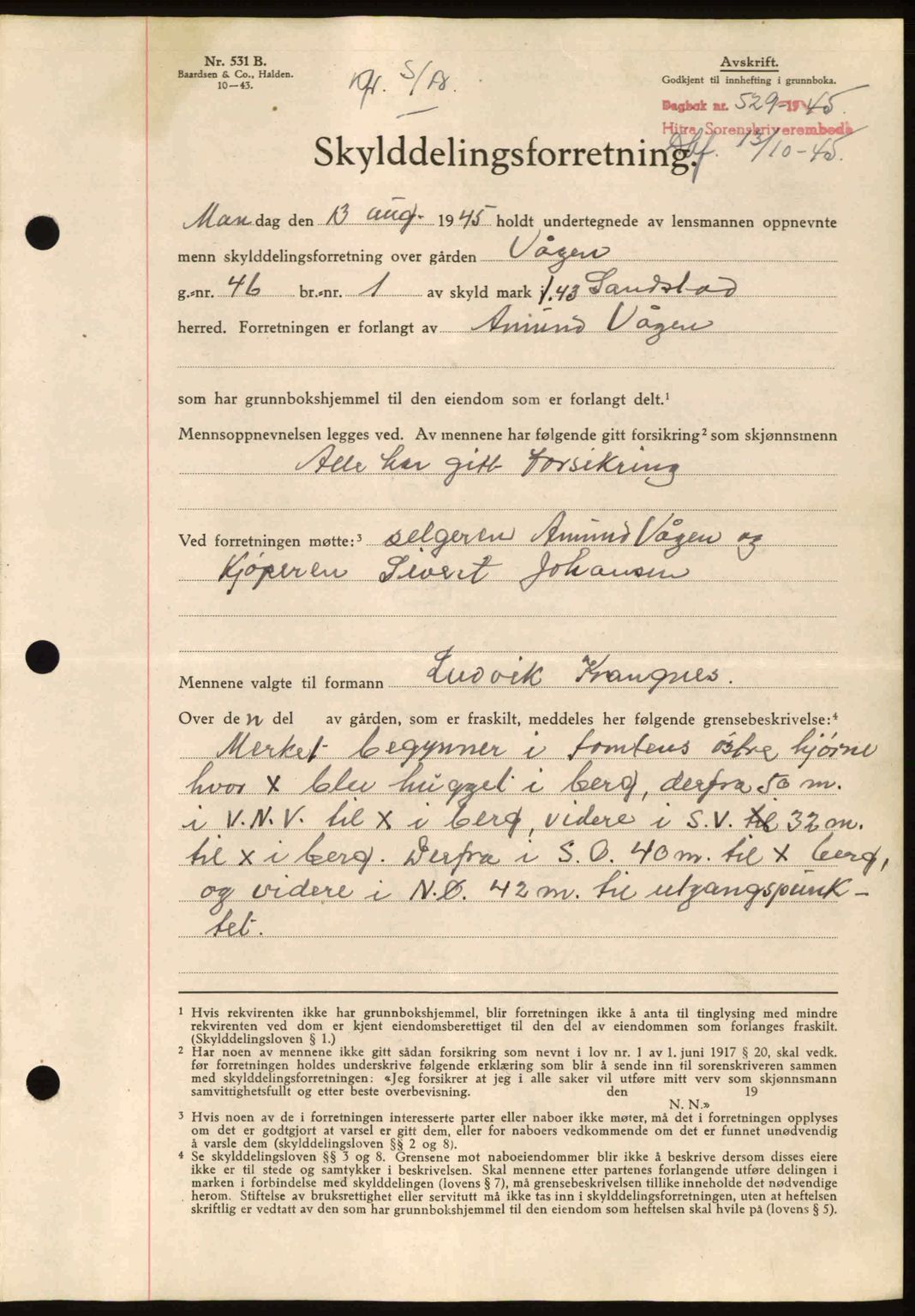 Hitra sorenskriveri, AV/SAT-A-0018/2/2C/2Ca: Mortgage book no. A2, 1943-1945, Diary no: : 529/1945