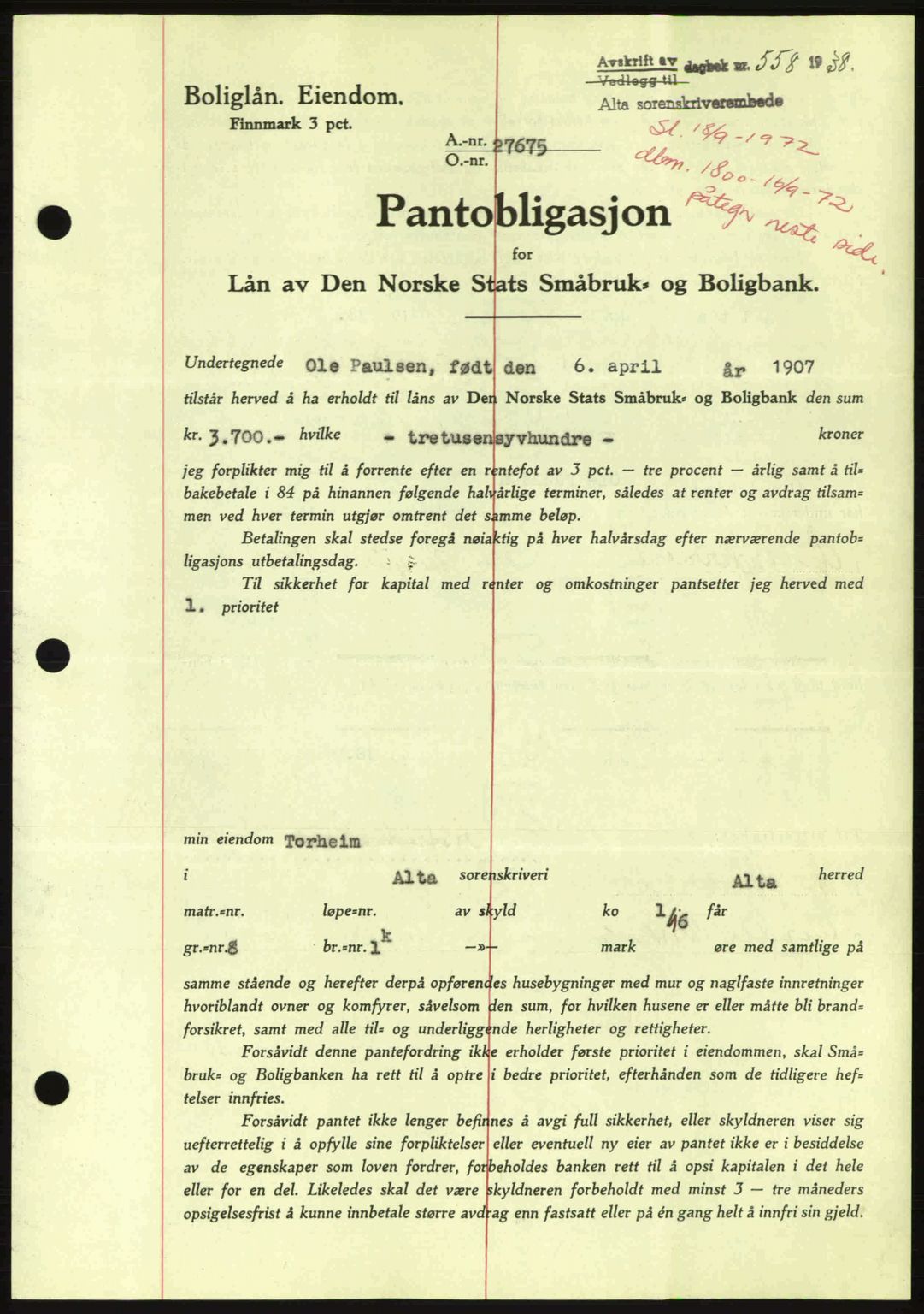 Alta fogderi/sorenskriveri, SATØ/SATØ-5/1/K/Kd/L0031pantebok: Mortgage book no. 31, 1938-1939, Diary no: : 558/1938