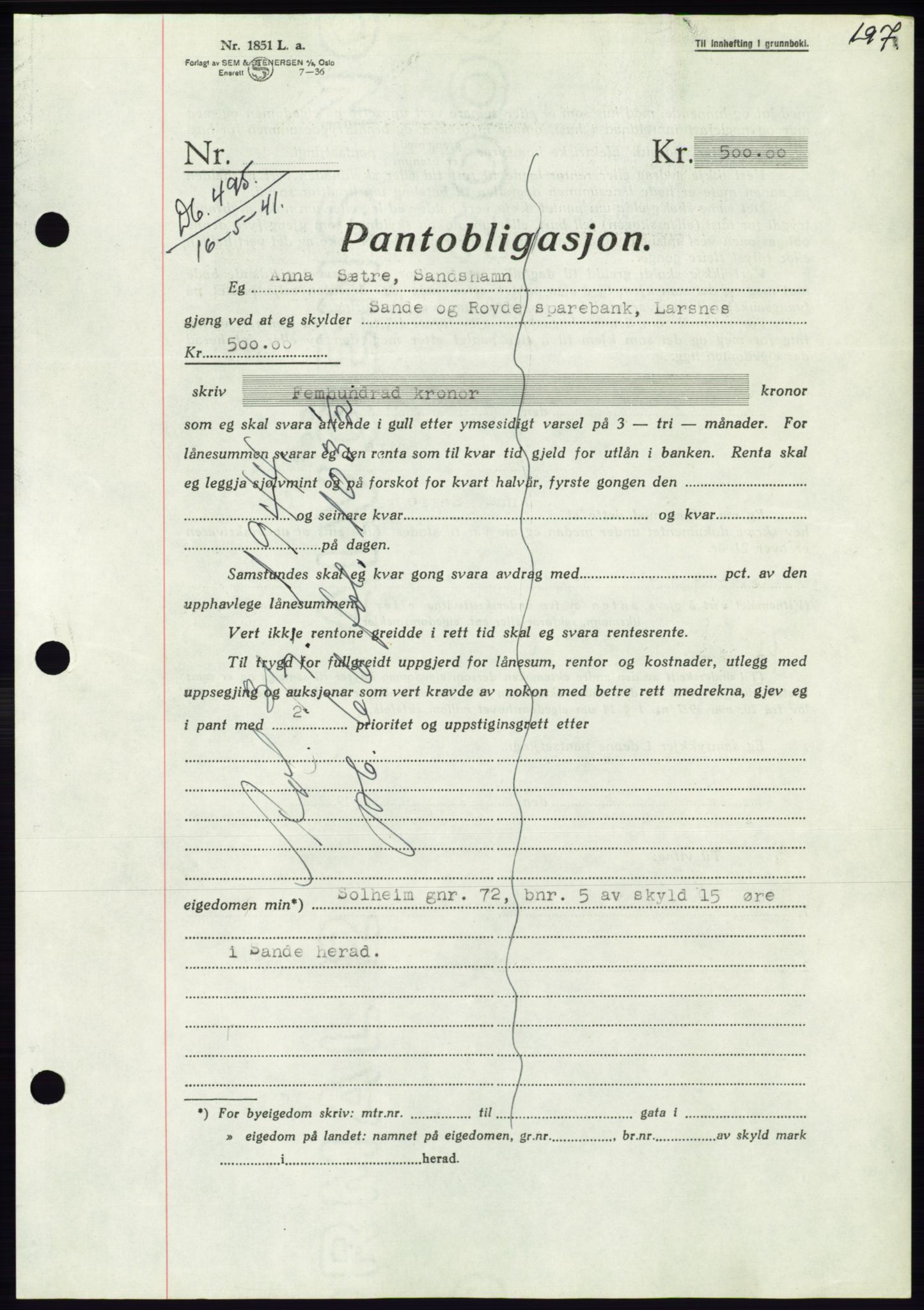 Søre Sunnmøre sorenskriveri, AV/SAT-A-4122/1/2/2C/L0071: Mortgage book no. 65, 1941-1941, Diary no: : 495/1941