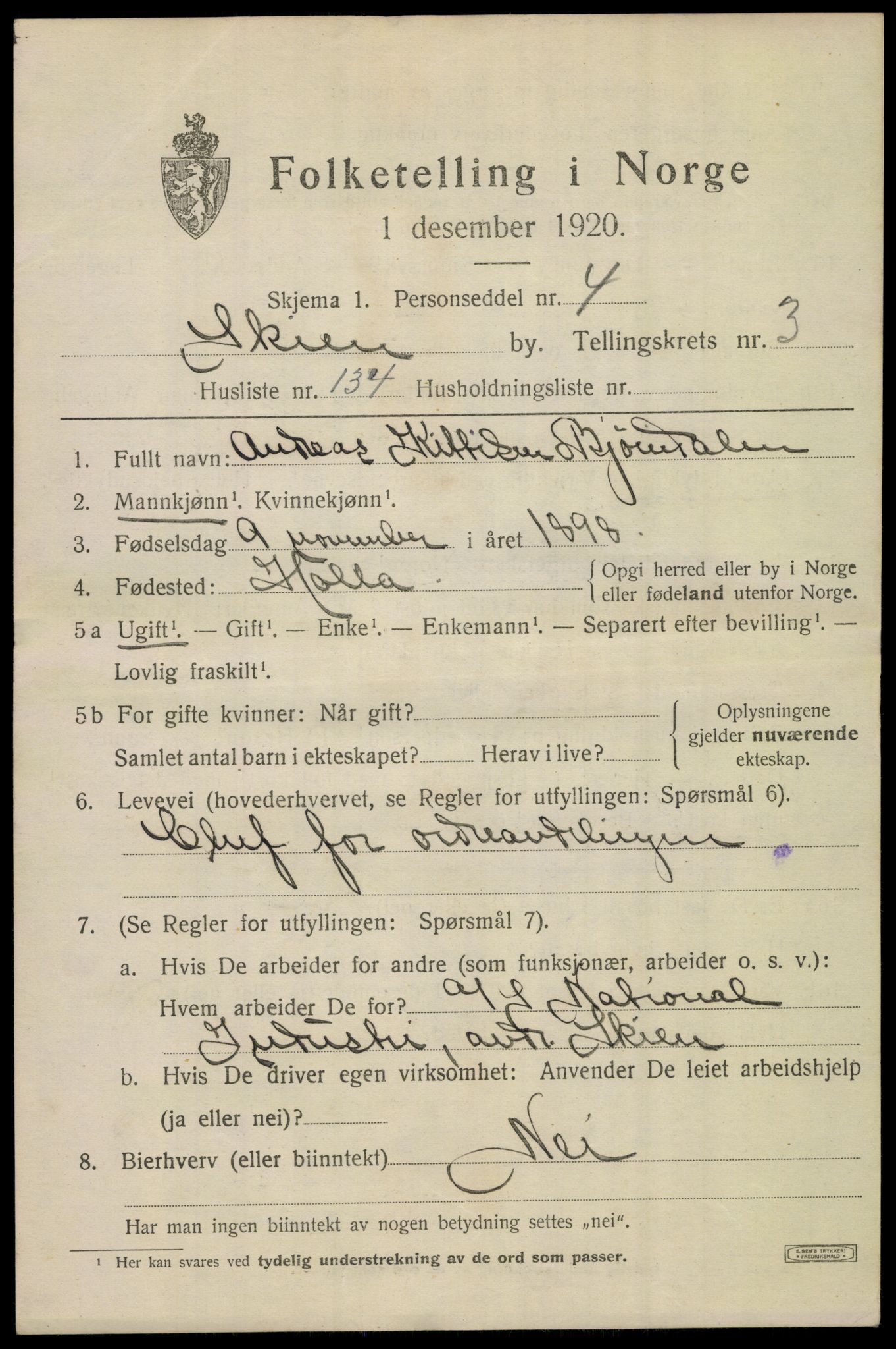 SAKO, 1920 census for Skien, 1920, p. 16820