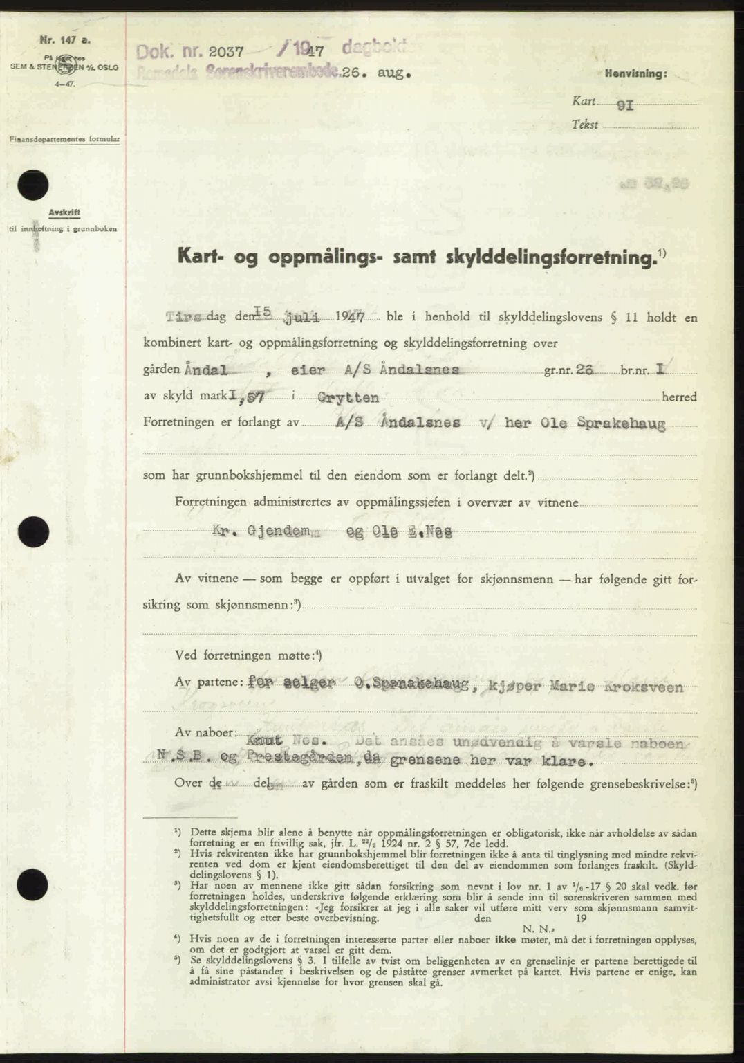 Romsdal sorenskriveri, AV/SAT-A-4149/1/2/2C: Mortgage book no. A23, 1947-1947, Diary no: : 2037/1947