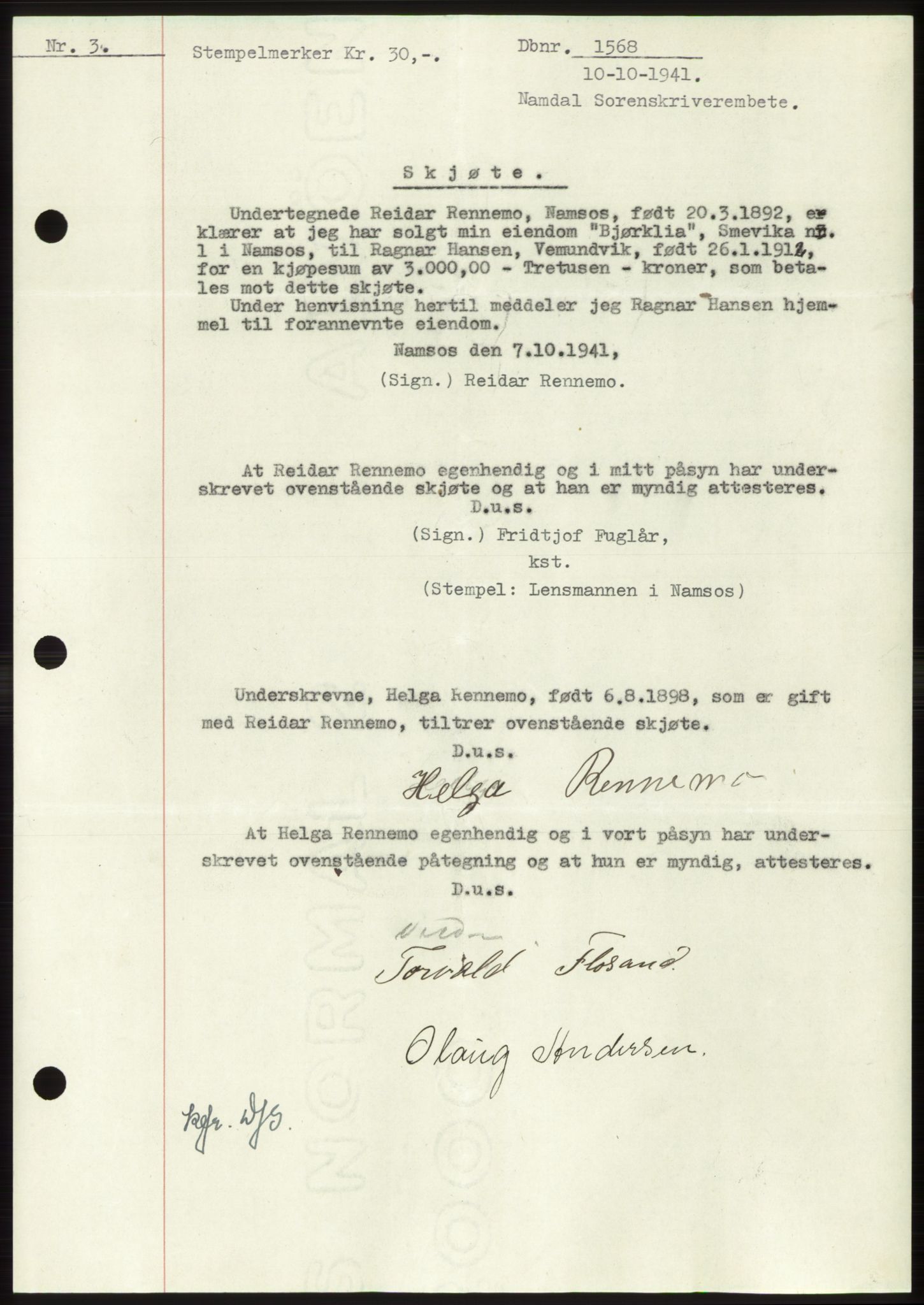 Namdal sorenskriveri, SAT/A-4133/1/2/2C: Mortgage book no. -, 1941-1942, Diary no: : 1568/1941