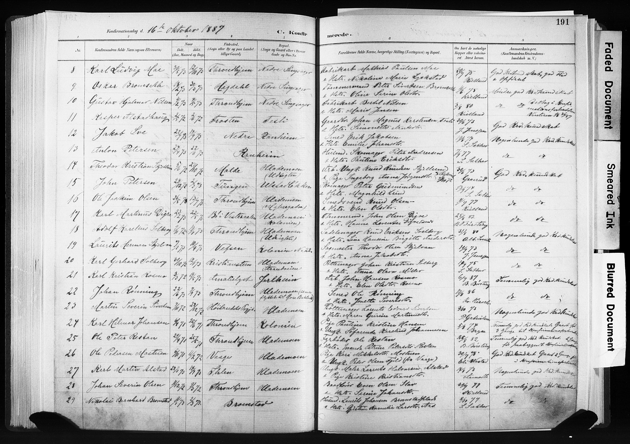 Ministerialprotokoller, klokkerbøker og fødselsregistre - Sør-Trøndelag, AV/SAT-A-1456/606/L0300: Parish register (official) no. 606A15, 1886-1893, p. 191