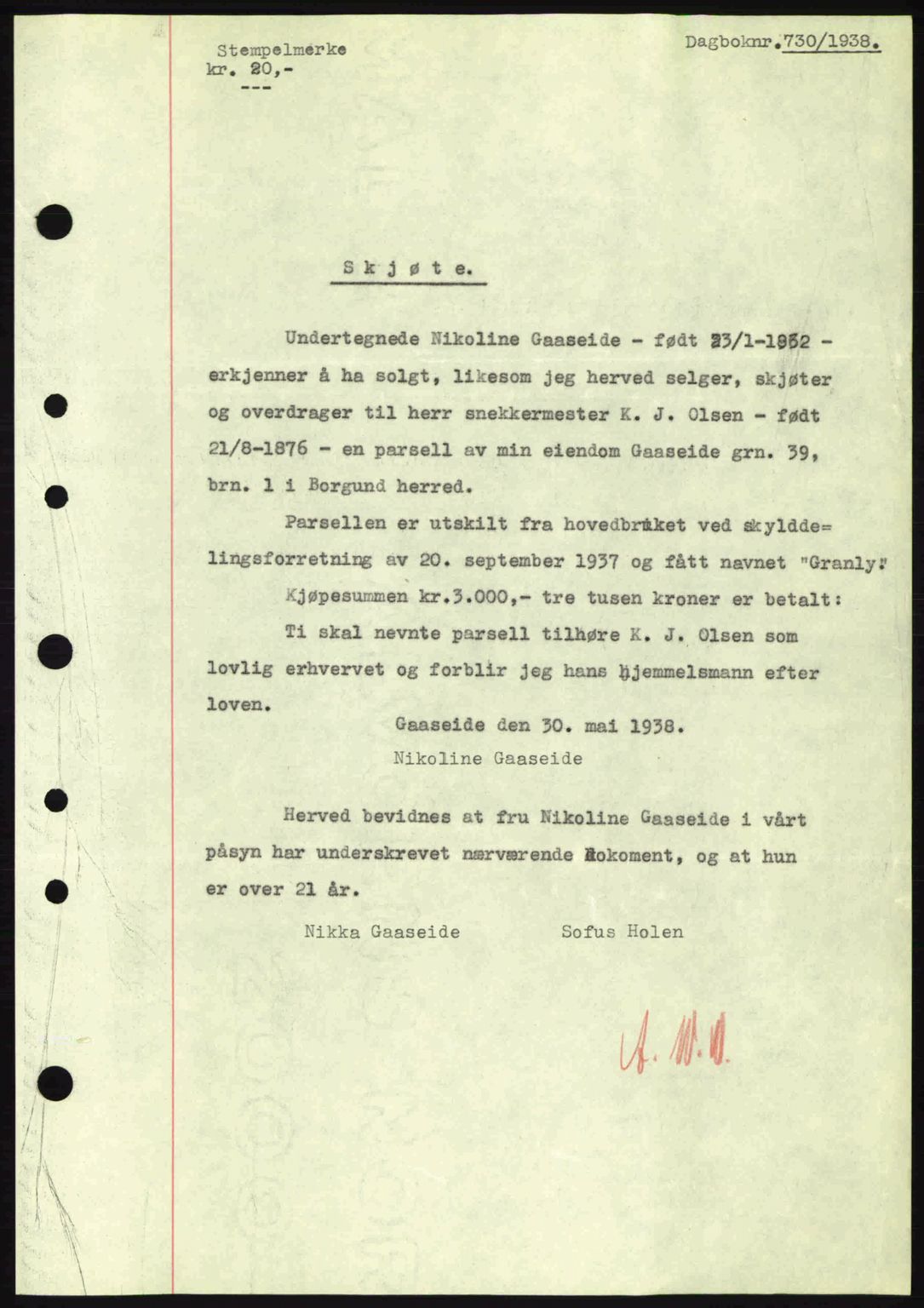 Nordre Sunnmøre sorenskriveri, AV/SAT-A-0006/1/2/2C/2Ca: Mortgage book no. A4, 1937-1938, Diary no: : 730/1938