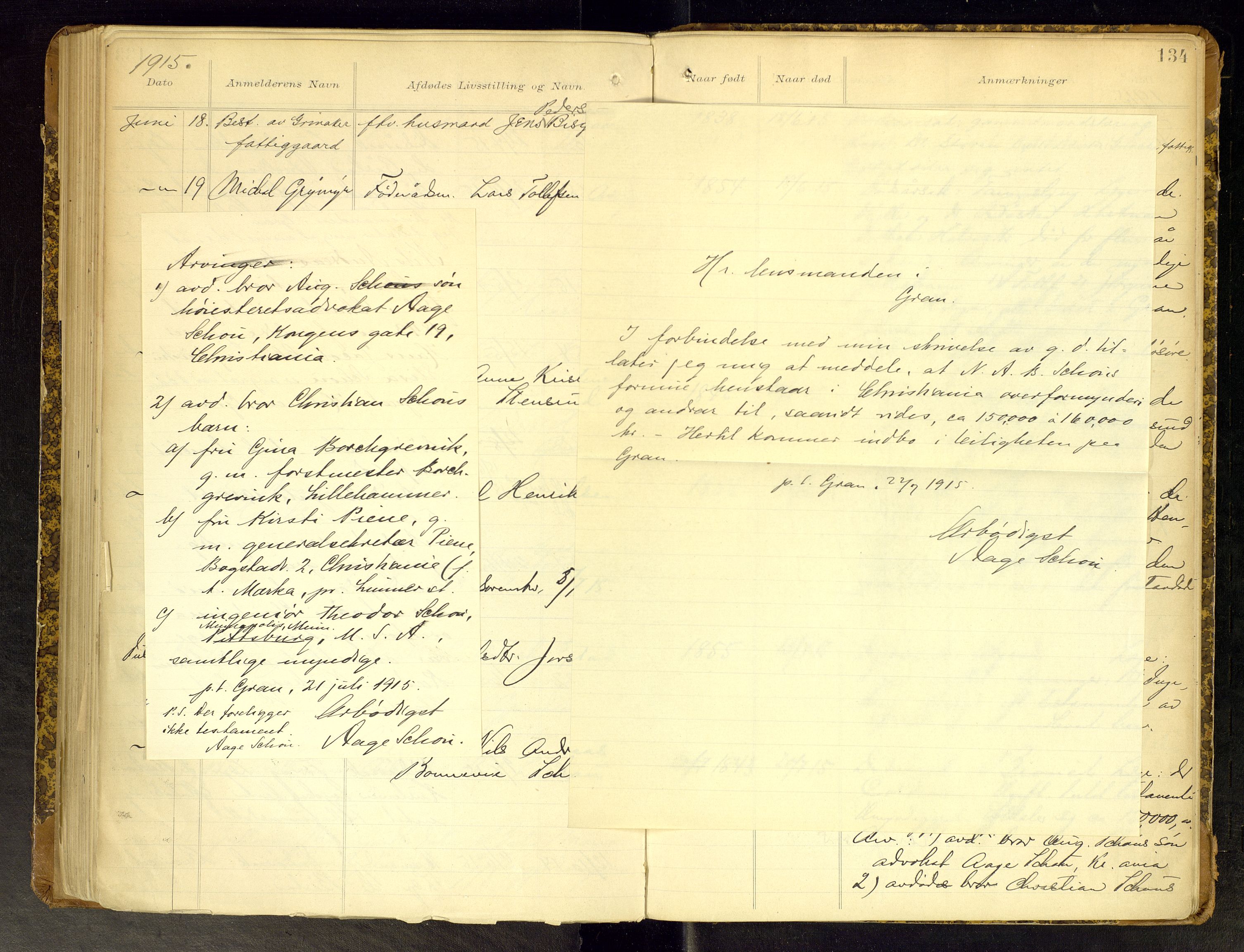 Gran lensmannskontor, AV/SAH-LOG-010/H/Ha/L0002: Dødsfallsprotokoll, 1899-1917, p. 134