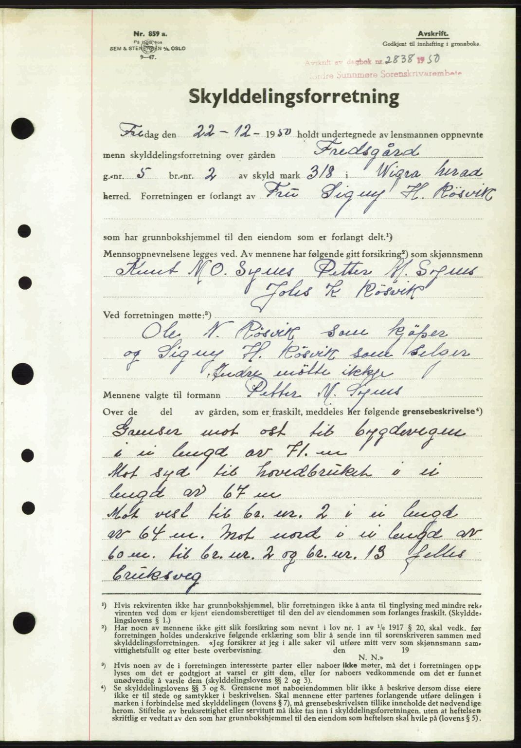 Nordre Sunnmøre sorenskriveri, AV/SAT-A-0006/1/2/2C/2Ca: Mortgage book no. A36, 1950-1950, Diary no: : 2838/1950