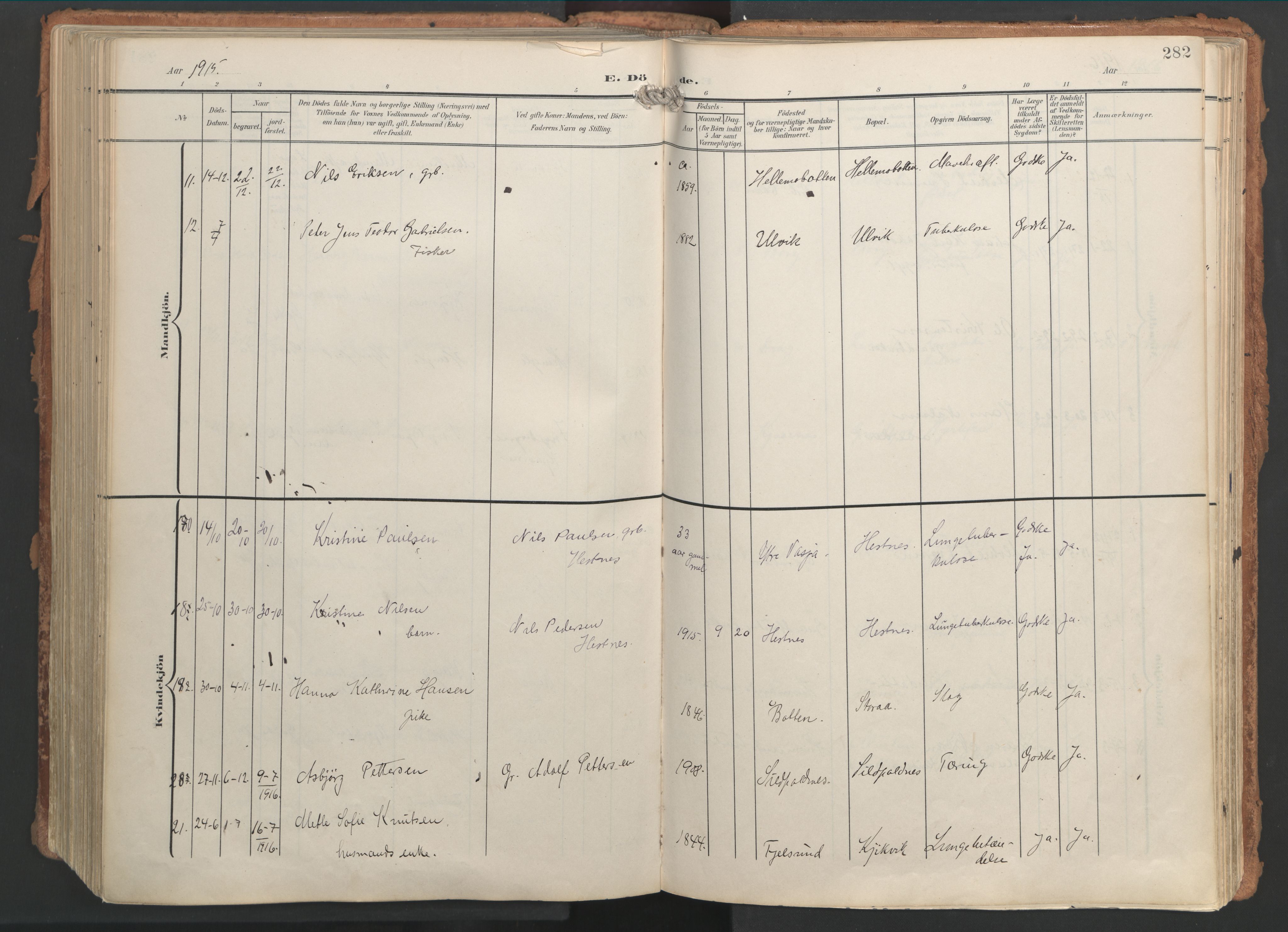 Ministerialprotokoller, klokkerbøker og fødselsregistre - Nordland, AV/SAT-A-1459/861/L0871: Parish register (official) no. 861A06, 1903-1916, p. 282