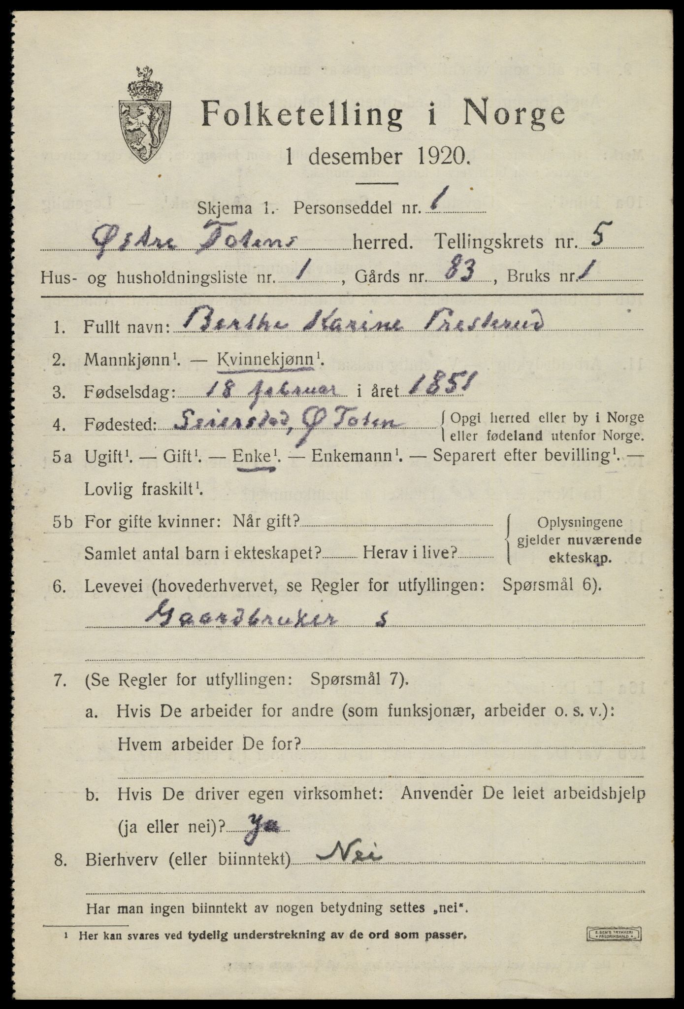 SAH, 1920 census for Østre Toten, 1920, p. 10794