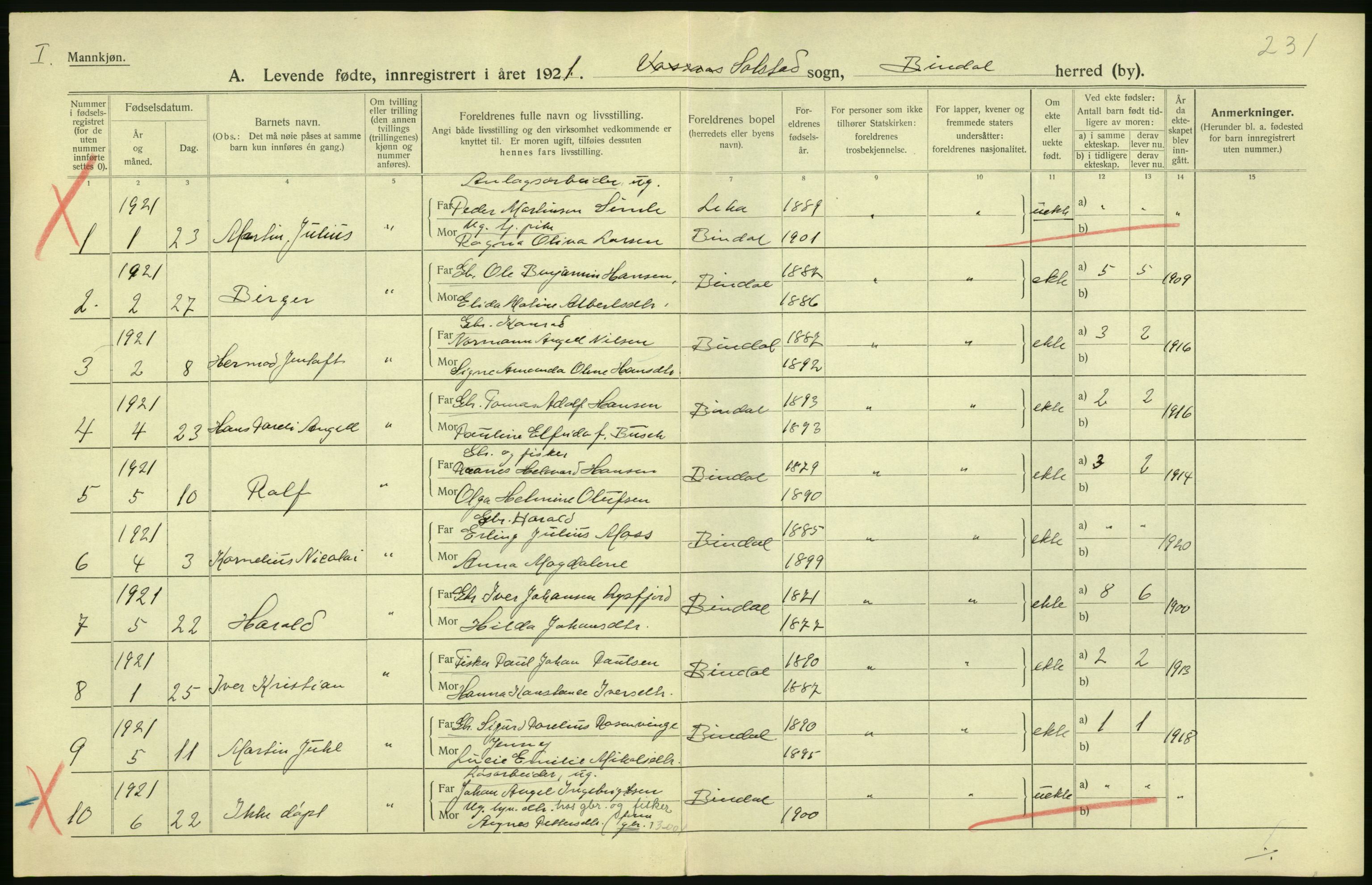 Statistisk sentralbyrå, Sosiodemografiske emner, Befolkning, AV/RA-S-2228/D/Df/Dfc/Dfca/L0049: Nordland fylke: Levendefødte menn og kvinner. Bygder., 1921, p. 464